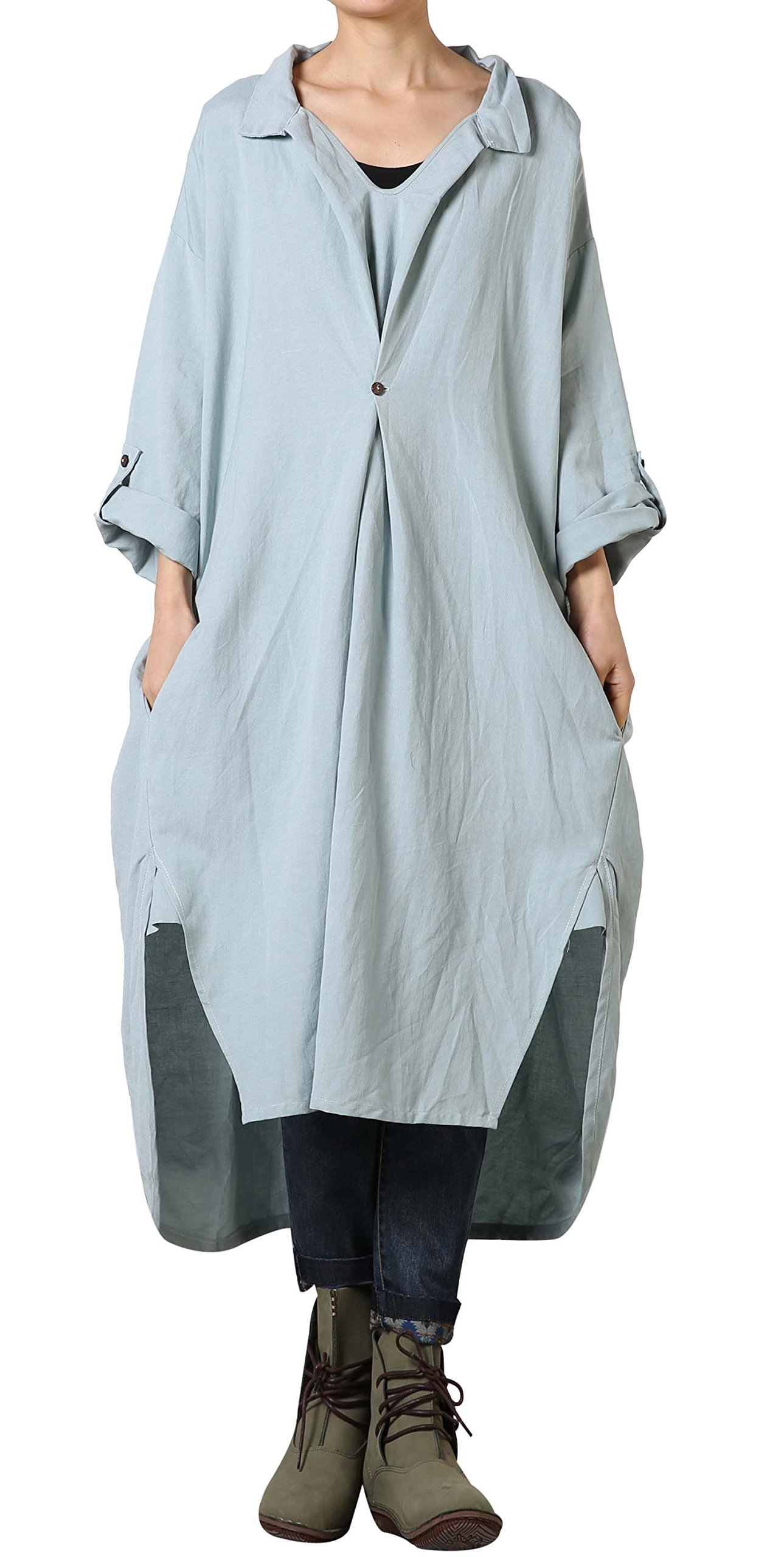 Voguees Women's Plus Size Cotton Linen Asymmetric Dress (Blue)