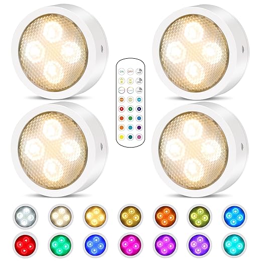 Puck Lights with Remote Control Battery Operated Wireless LED Under Cabinet Lighting, Stick on Tap Light Push Lights, Color Changing Under Counter Lights for Kitchen, Closets, Shelf, 2 Pack - Black