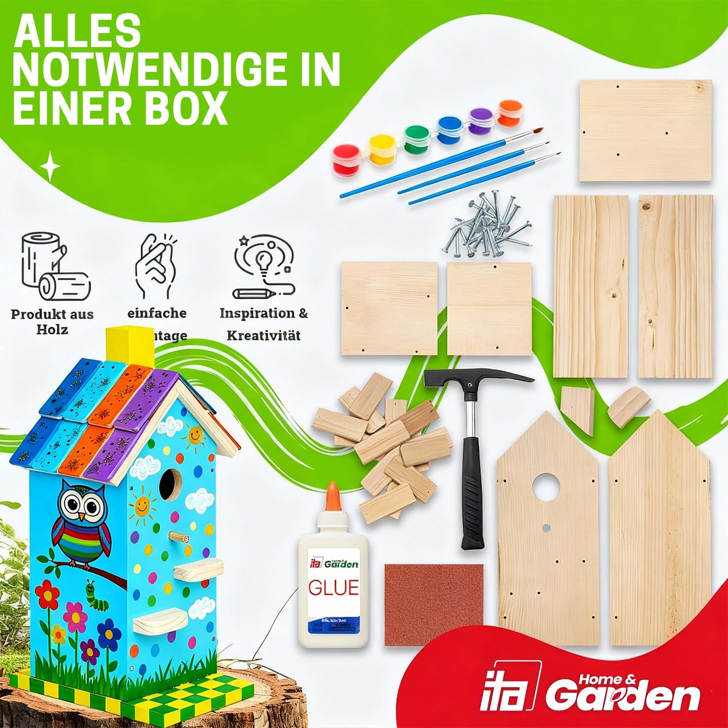 ITA Skyhaven budka lęgowa DIY do montażu i malowania – domek dla ptaków kompletny zestaw z młotkiem, gwoździami, farbami do budowania i malowania dla dzieci – zestaw do majsterkowania dla chłopców i