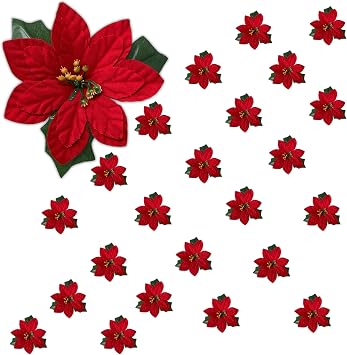 Poinsettia Flower Clip-Ons - Set of 24 Christmas Ornaments - Holiday Decorations - Craft Accessories - Decorative Florals - Wreath Garland Attachments - Measures 4 3/4" W