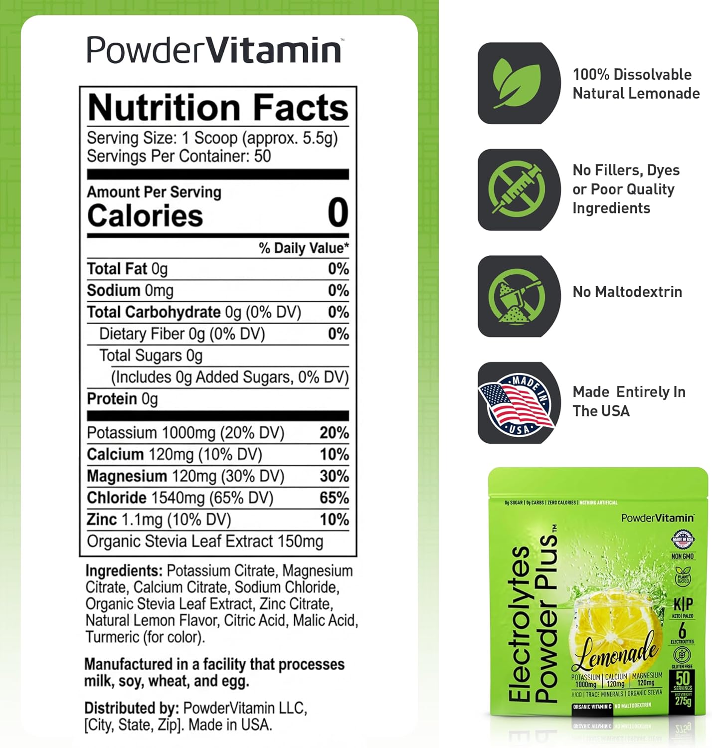 Electrolytes Powder Plus (50 Servings), 0 Calorie Keto, 0 Sugar, No Maltodextrin,1000mg Potassium,120mg Calcium,120mg Magnesium, Hydration Powder (50 Servings, Lemonade)