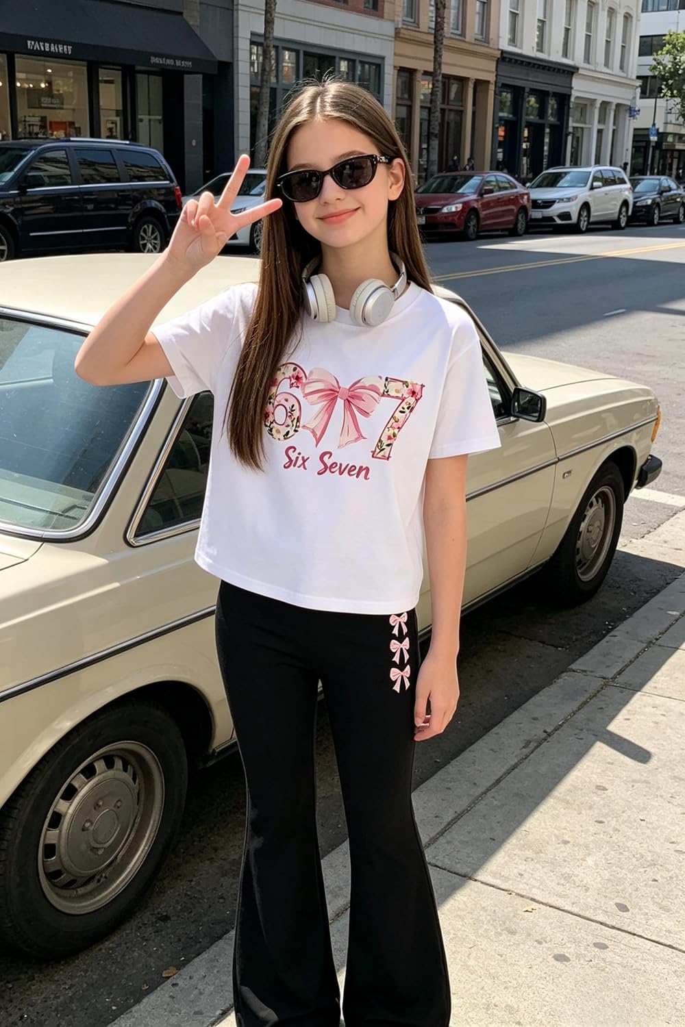 Tween Girls 2PCS Outfit Set 7-14Y Crop Top & Flare Pants with Bowknot and Letter Print Casual Girl Clothes image 4