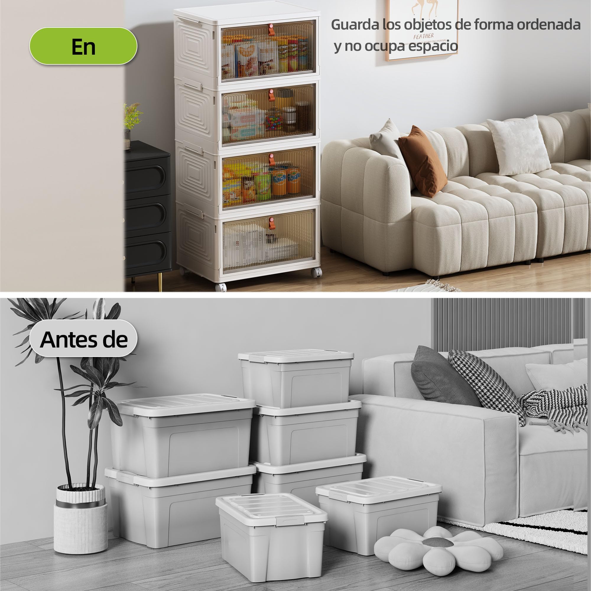 NETEL Cajas Almacenaje Plastico, 47L 4 Unidad Caja Almacenaje con Tapa, Caja Plegable Plastico, Caja Almacenaje Apilables con Ruedas，Apto para dormitorios, salones y cocinas.