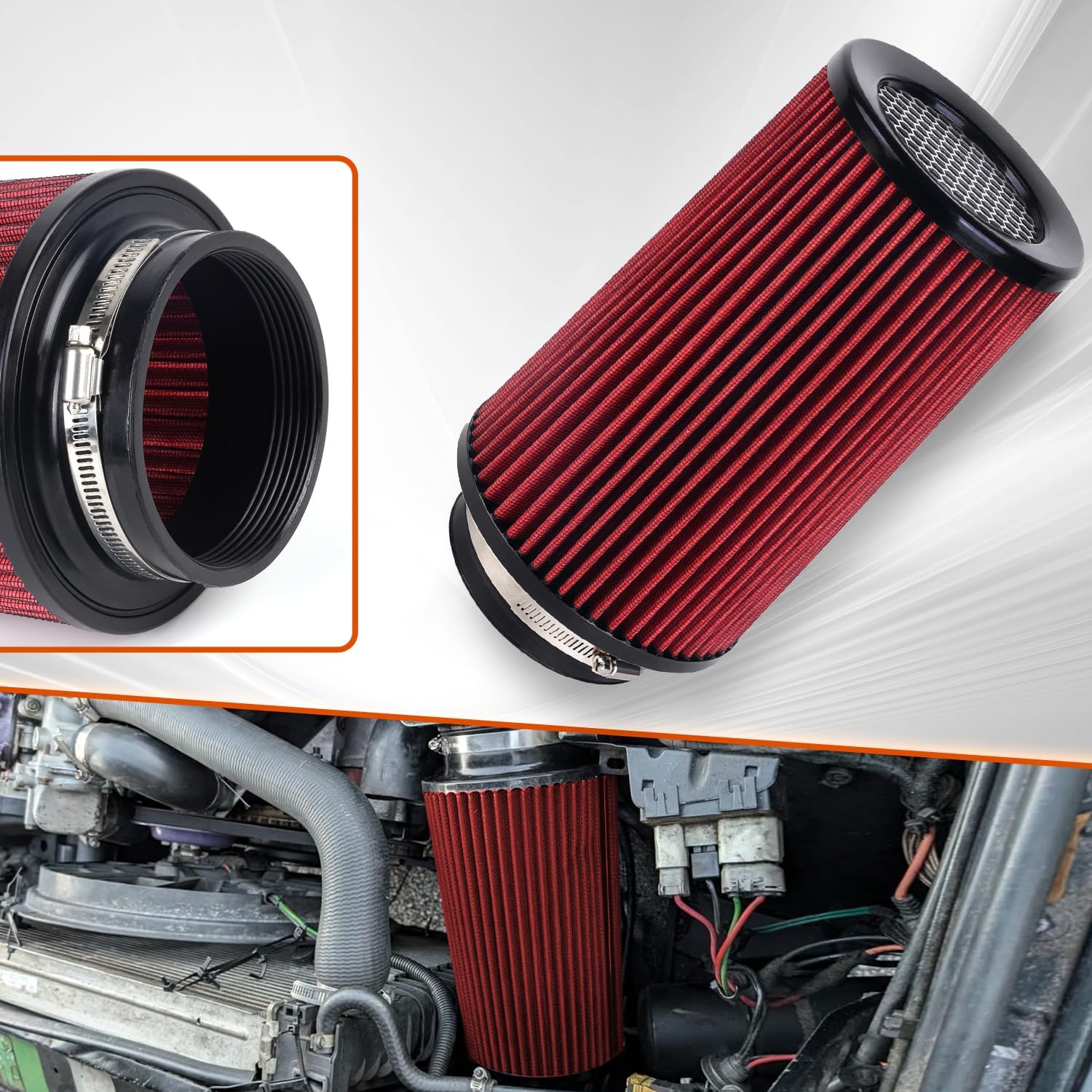 4-Inch Cold Air Intake Filter - Washable, High Performance, 3" or 3-1/2" or 4" Clamp-On Filter Height: 9 In Replacement Cone Air Filter Universal 3 Sizes in 1 (Red)