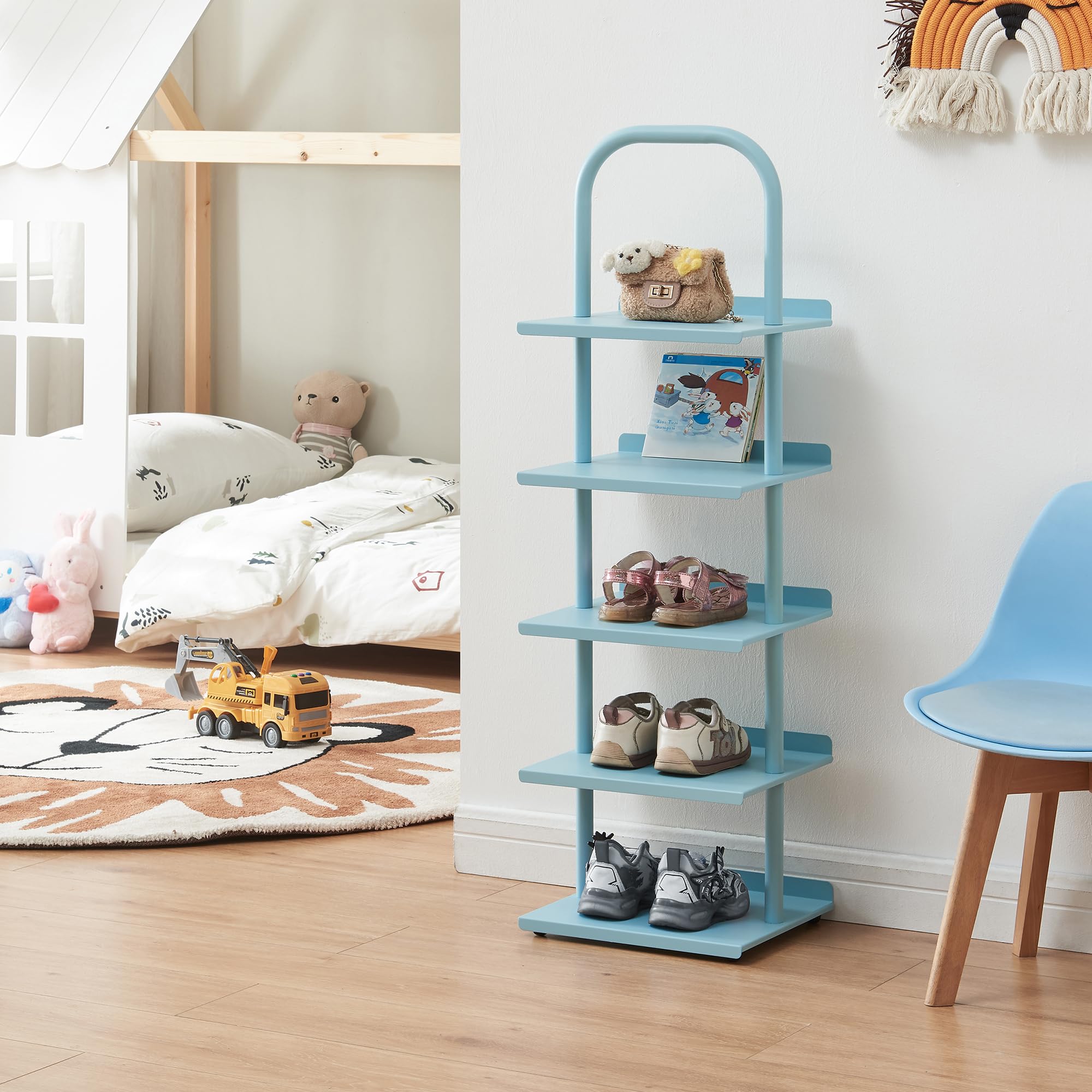[en.casa] Schuhregal schmal für Kinder Poytya Schuhablage hoch für 5 Paare Organizer Standregal mit 5 Ebenen Metall 96 x 30 x 27 cm Blau