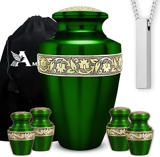 6-Piece Green & Gold Grecian Cremation Urn Set – 1 Large Adult Green Urn 4 Keepsake & 1 Necklace Urn for Human Ashes