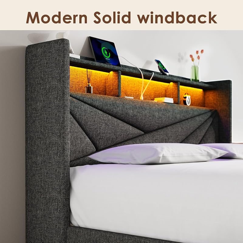 Queen Bed Frame with 2 Storage Drawers and Upholstered Headboard image 6