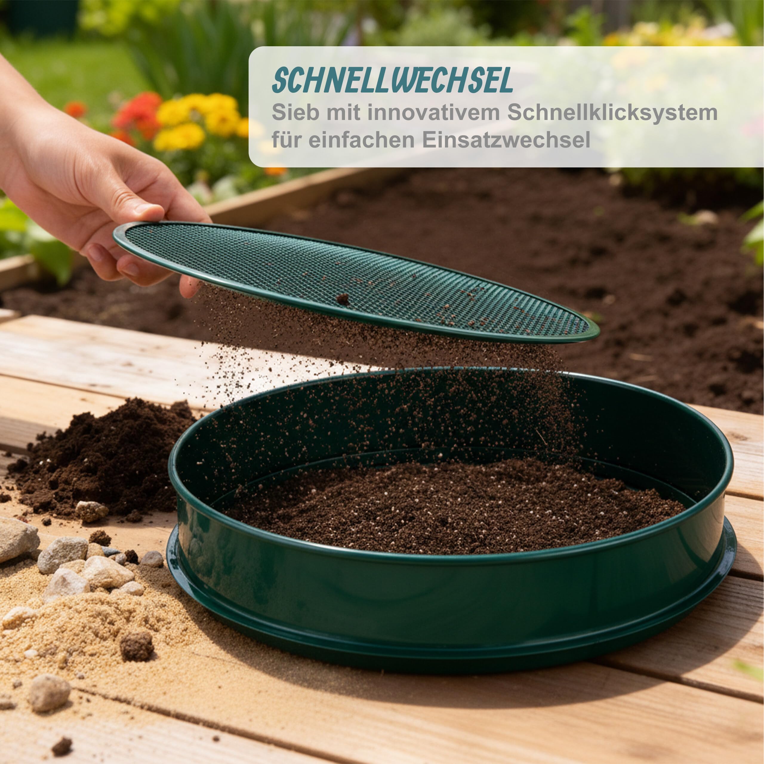 Relaxdays Gartensieb, 5in1, Rundsieb austauschbare Einsätze, Ø 30 cm, Metallsieb Erde, Kies & Sand, Edelstahl, grün