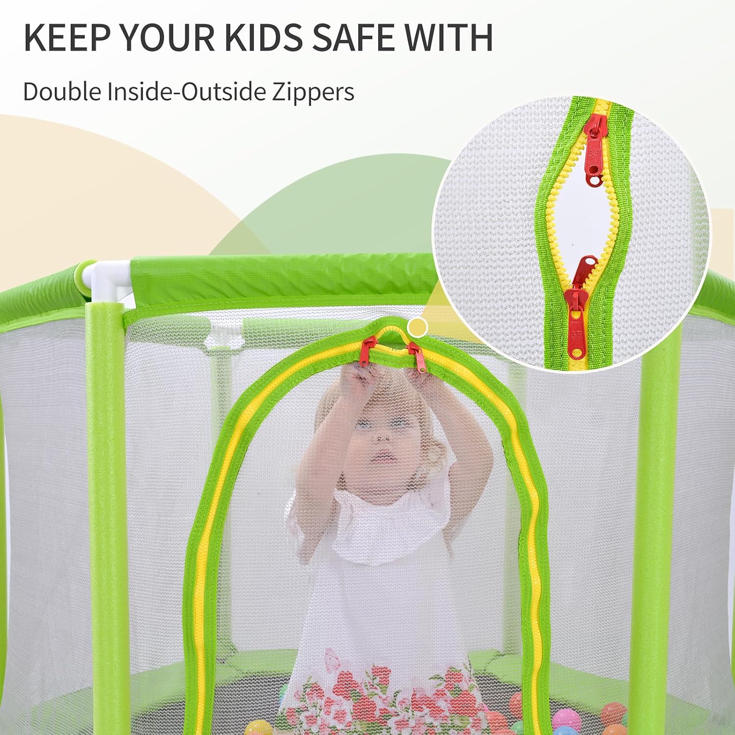 Close-up of the double inside-outside zippers on the trampoline's safety net.