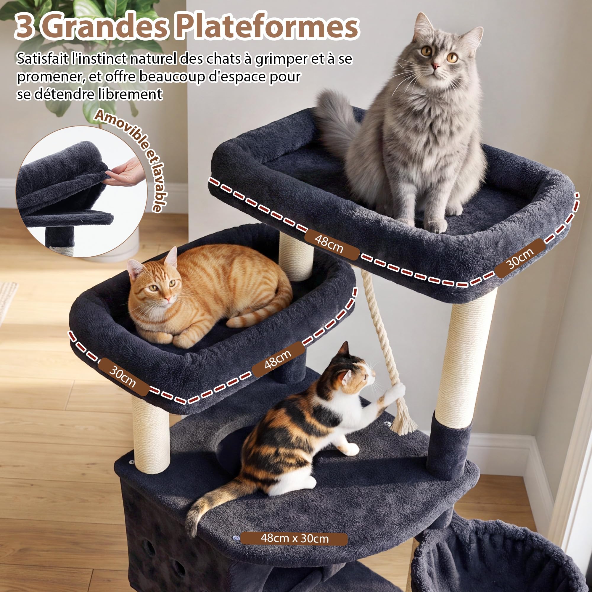 Gitelsnour Arbre à Chat XXL Hauteur 182 cm, Tour à Chat Stable pour Grands Chats avec 3 Niches Spacieuses, 2 Plateformes Supérieures, Panier Confortable, Poteaux Sisal et Jouets, Gris Foncé GCT800G