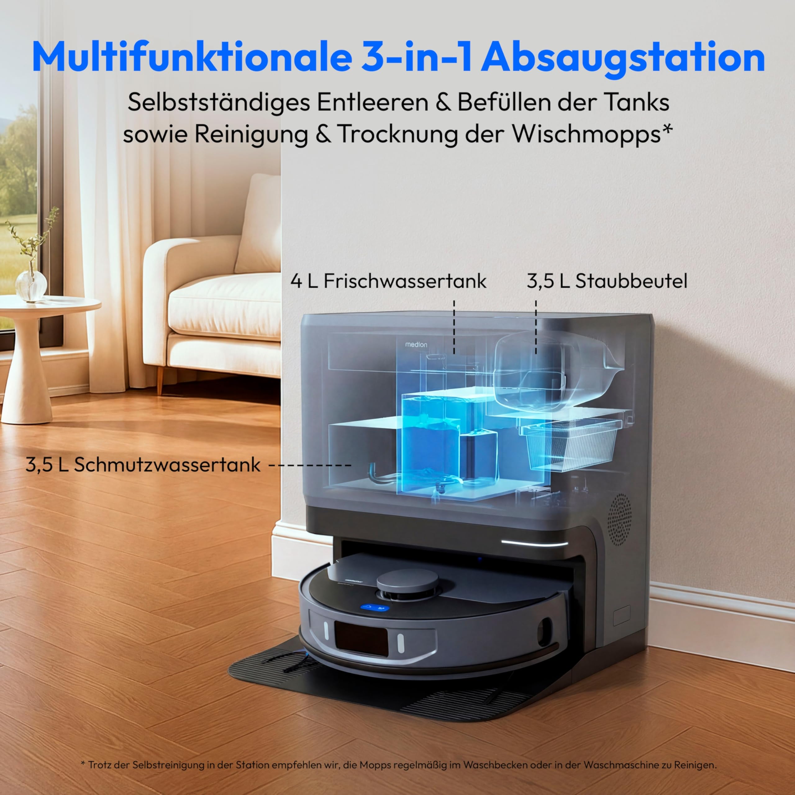 MEDION Saugroboter mit 3-in-1 Absaugstation, Lasernavigation und Wischfunktion X55 SW+ Pro (Starke 10000Pa Saugkraft, 2in1 Roboterstaubsauger, rotierende Wischmopps, Kreuzlinienlaser)