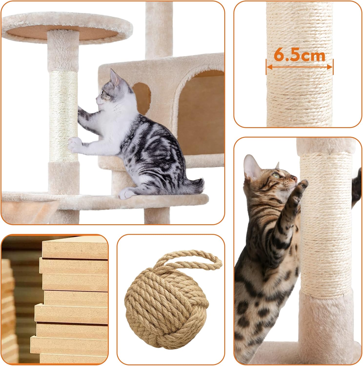 Close-up of cat tree components including sisal posts, wooden boards, and a rope ball toy.