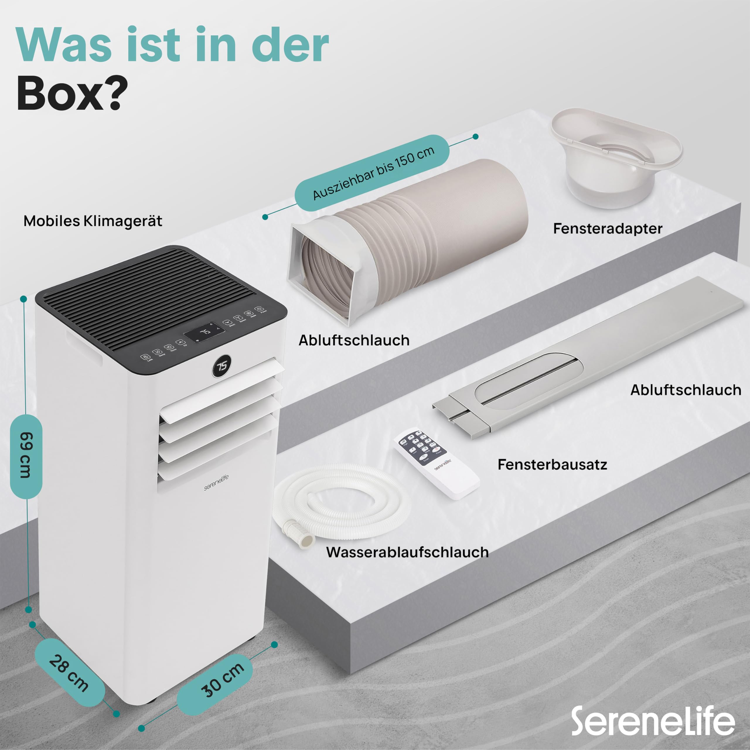 SereneLife Klimaanlage Mobil mit Abluftschlauch 7000BTU, WLAN- 3-in-1 Klimagerät für Heiße Sommertage mit Entfeuchter und Ventilator, Fensterkit, 24h Timer, Leise, für Räume bis 33m²