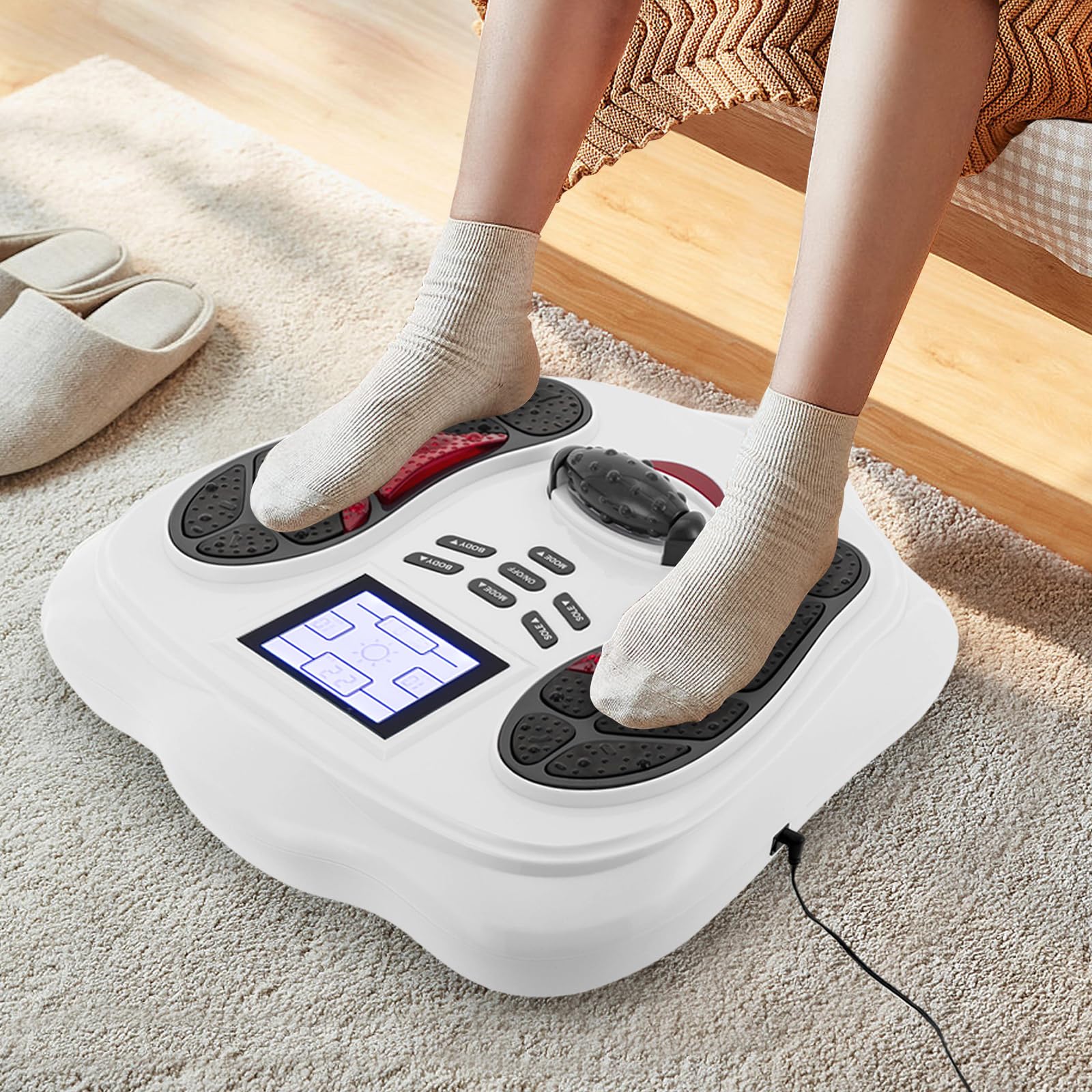 EMS-Fußmassagegerät, Fussmassagegerät elektrisch, 25 Modi 99 Intensitäten, Blutzirkulationssimulator für die Beine, behandelt Fußschmerzen, verbessert die Blutzirkulation, mit 4 Elektroden-Pads