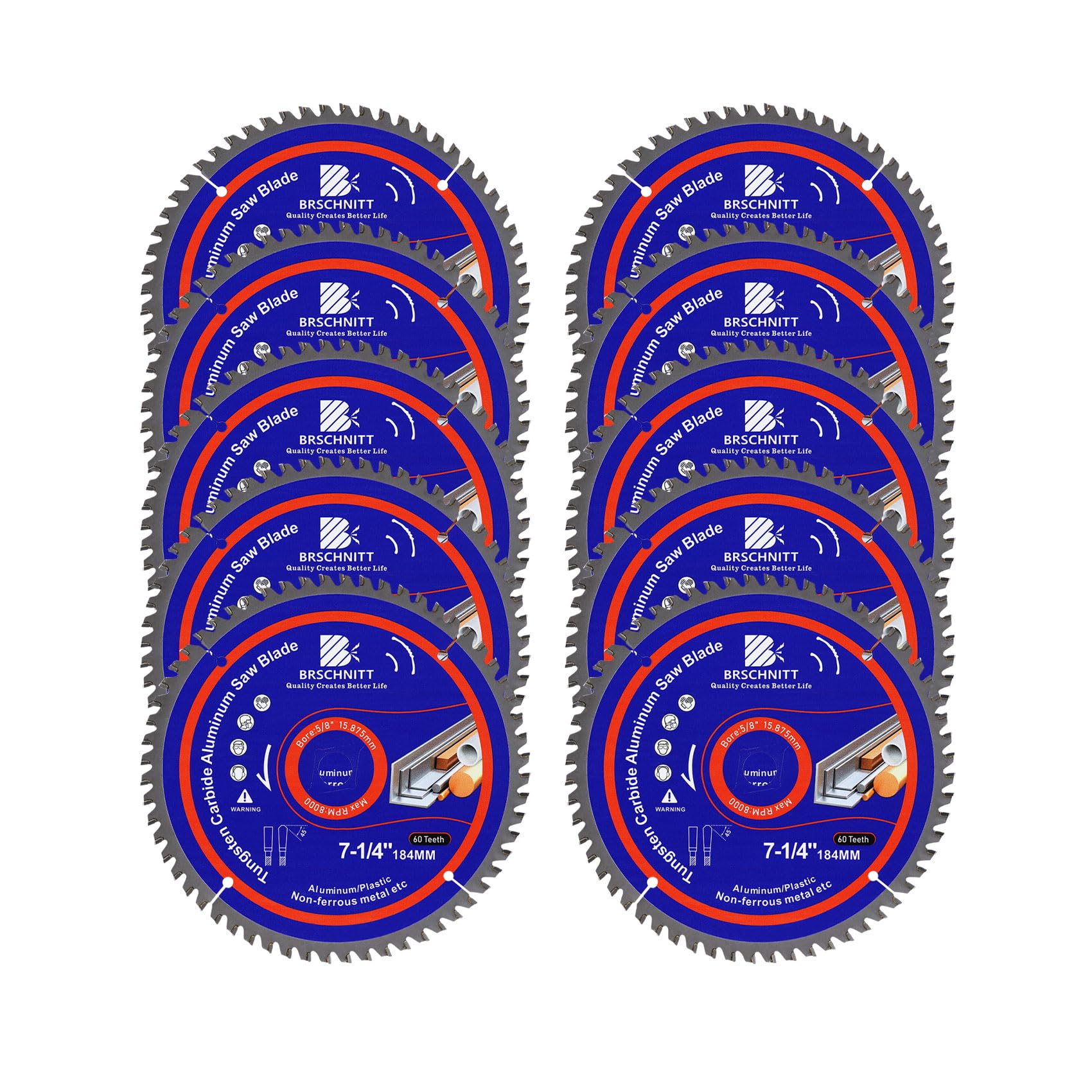 BRSCHNITT 184mm 60Tooth TCG Metal Saw Blade - for Aluminum Plastics and Non Ferrous 5/8"Arbor（10pcs）