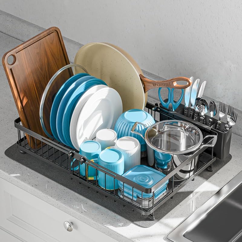 GSlife Large Dish Drying Rack - Expandable for Kitchen Counter, Black | 16.5-21.3 in Adjustable Length, Family Size, Holds Plates, Bowls, Pots & Pans, Absorbent Mat Keep Counter Dry, Rust-Resistant
