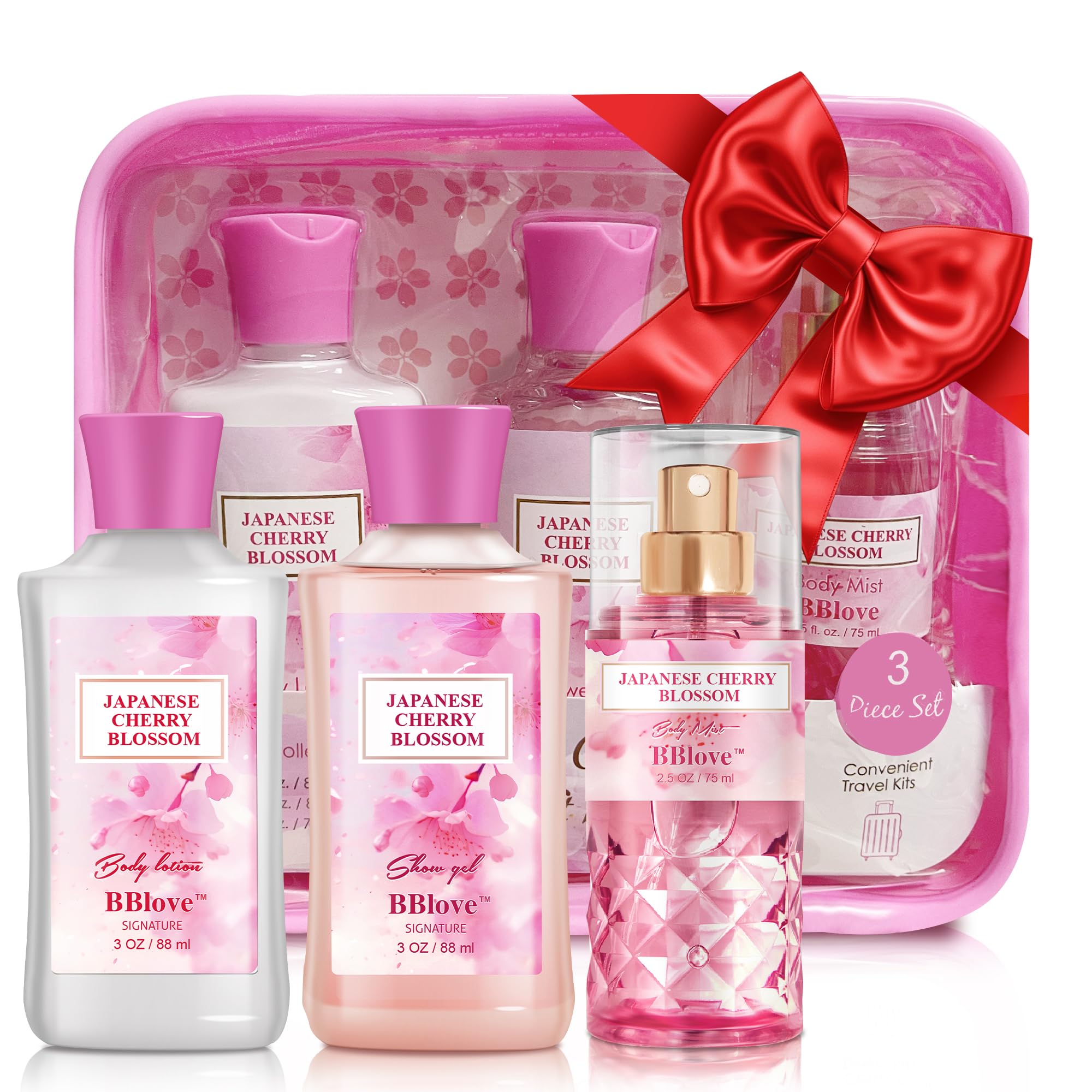 BBlove Bath and Body Gift Set for Women & Girls, Japanese Cherry Blossom, 3PCS Set for - Shower Gel, Body Lotion, Body Mist, Body Care Travel Set