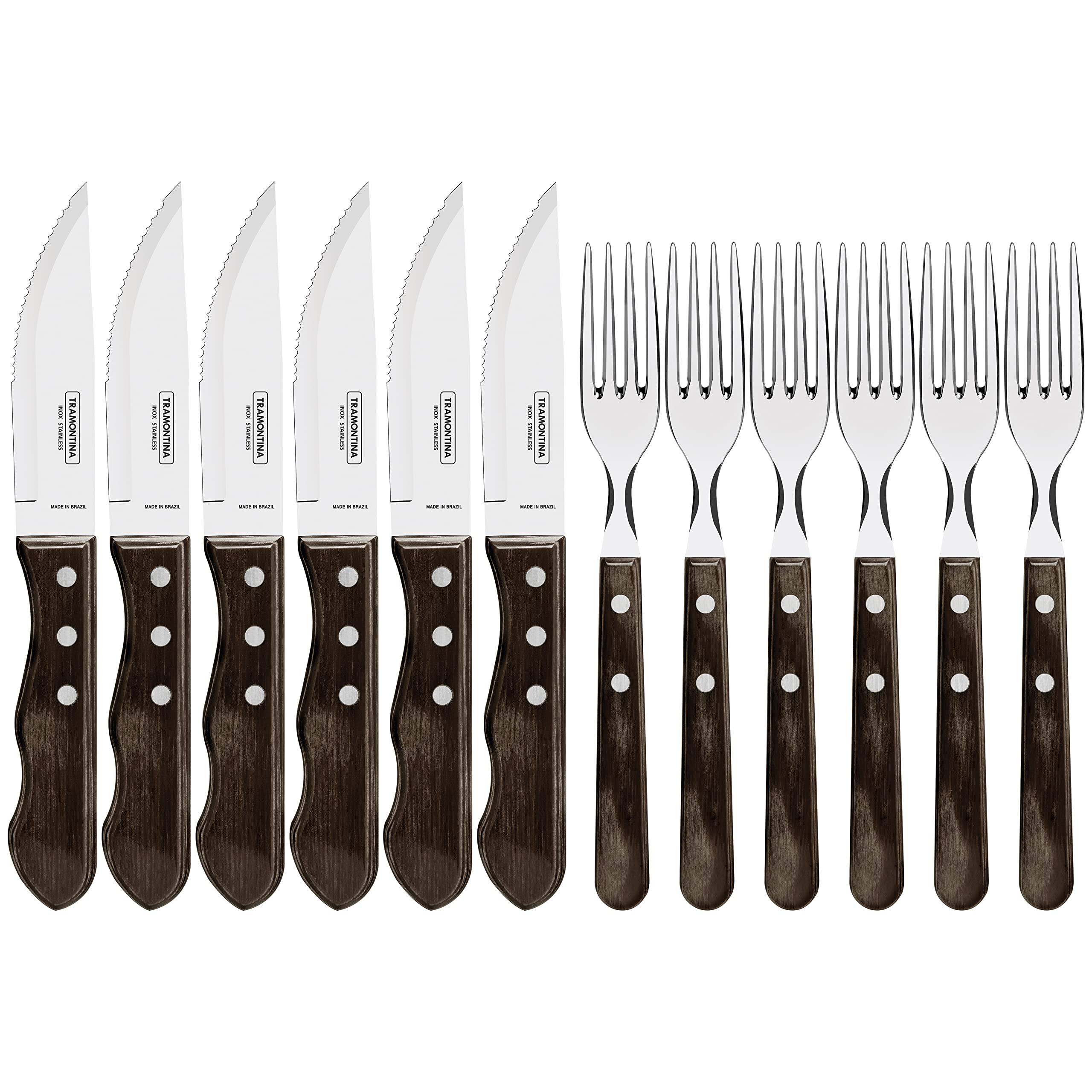 Tramontina Juego de 12 cubiertos para carne, AISI 420, madera auténtica, acero inoxidable, plata, 25.5