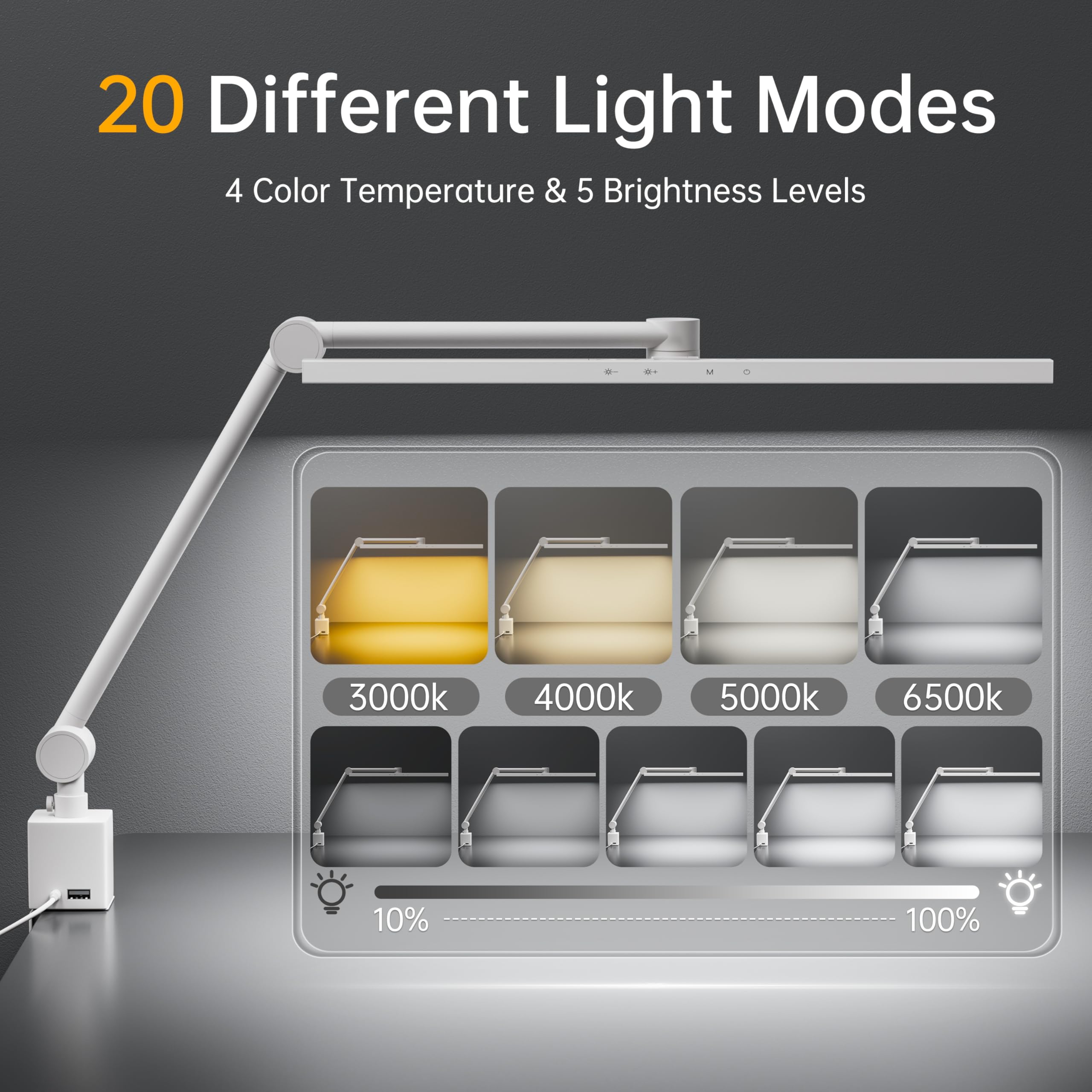 deeloop 2-Arms Swing Lange LED Schreibtischlampe mit Klemme, CRI 95+ Augenschonendes Licht, USB-Ladeausgang, 2-Stunden-Timer, dimmbare Schreibtischlampe mit Speicher, Architekten-Schreibtischlampen
