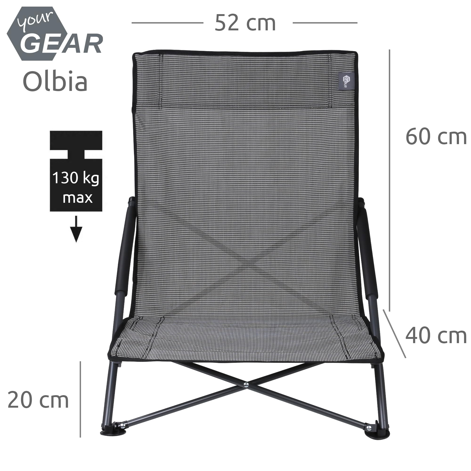 your GEAR Campingstuhl Olbia – Faltbarer Klappstuhl, stabil, durchlässiges Textilene, hohe Rückenlehne, gepolsterte Kopfstütze, ideal für Strand, Angel, Camping