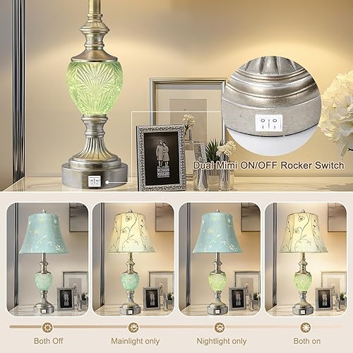 Miniatura 3 de Juego de 2 lámparas de mesa de noche con luz nocturna y puertos USB A+C, lámparas de mesa vintage de 27" de alto con acabado de hoja de plata