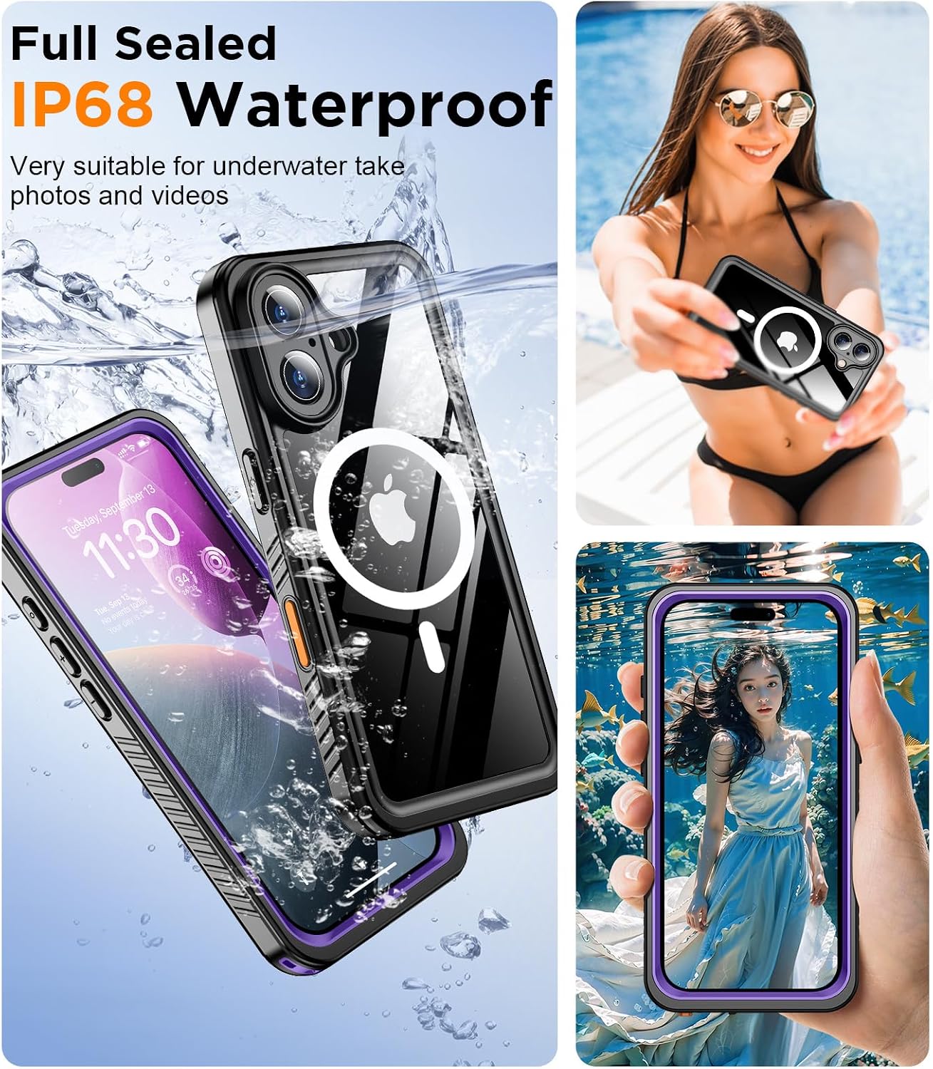 Magnetic for iPhone 16 Plus Case Waterproof,Built-in Screen Protector[IP68 Underwater][Upgrade Military Dropproof][Compatible with MagSafe] Full Body Shockproof Translucent Case 6.7''-Purple
