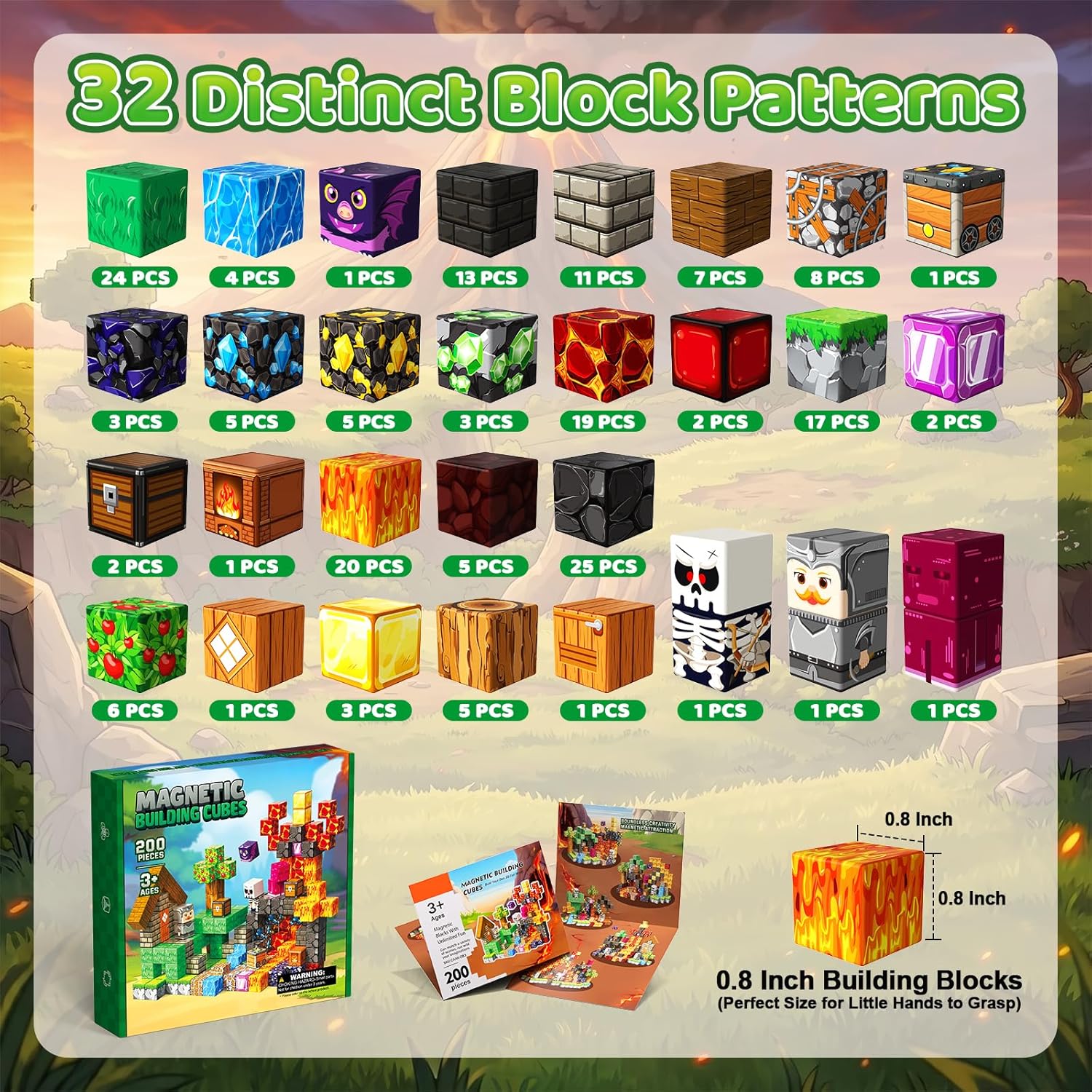 200PCS Magnetic Building Blocks for Kids Ages 3+, 0.8 Inch Magnetic Blocks, Magnetic Cubes Toys, STEM Educational Stacking Blocks for Boys Girls, Perfect Holiday Birthday Gift(Volcano Sword)