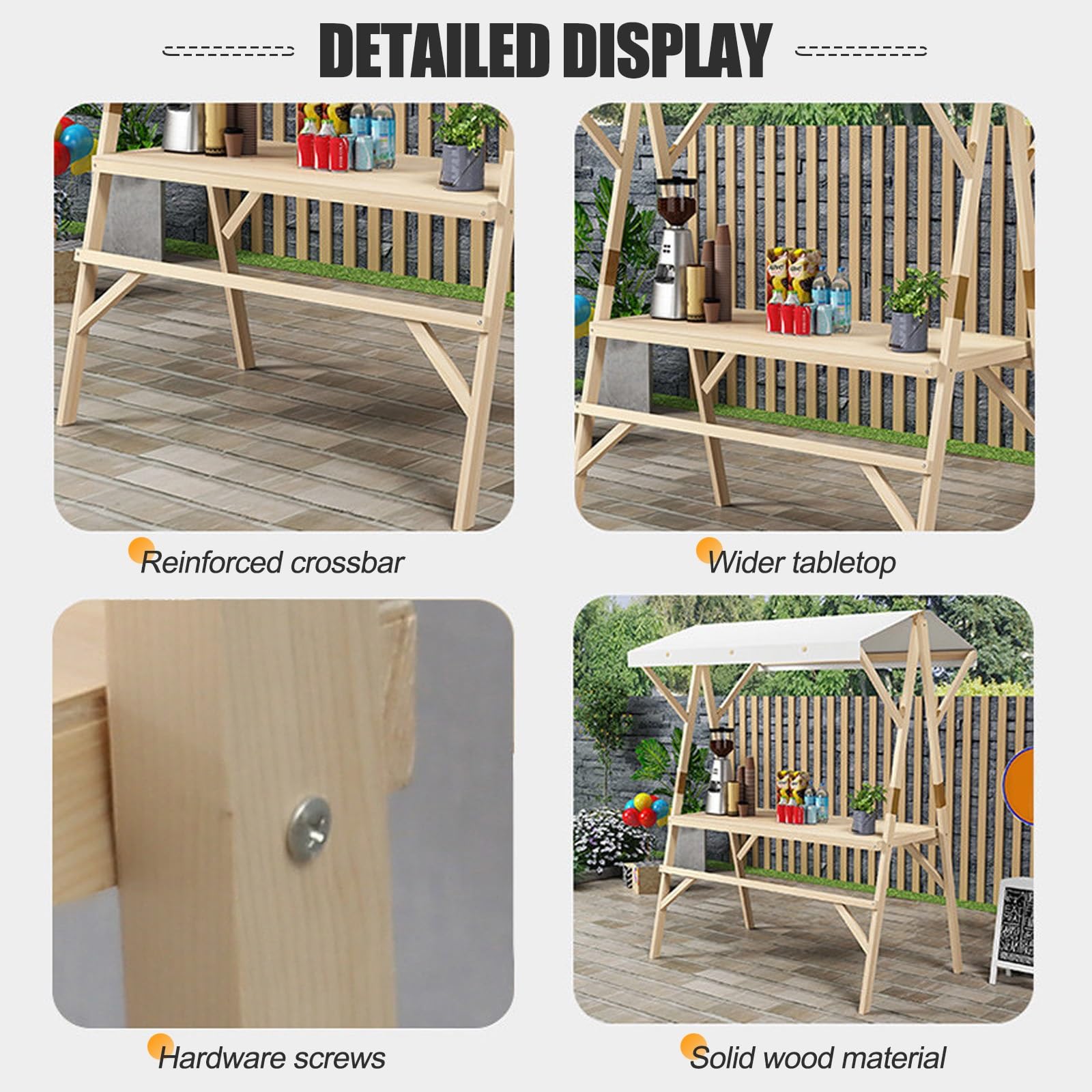 HARELA Marktstand Imbisswagen Marktstand-Display Aus Holz, Tragbarer Lebensmittelwagen für Straße/Bauern Markt, Multifunktionale Außenkonzessionsstand für Handwerksshows(White,150cm/59in)