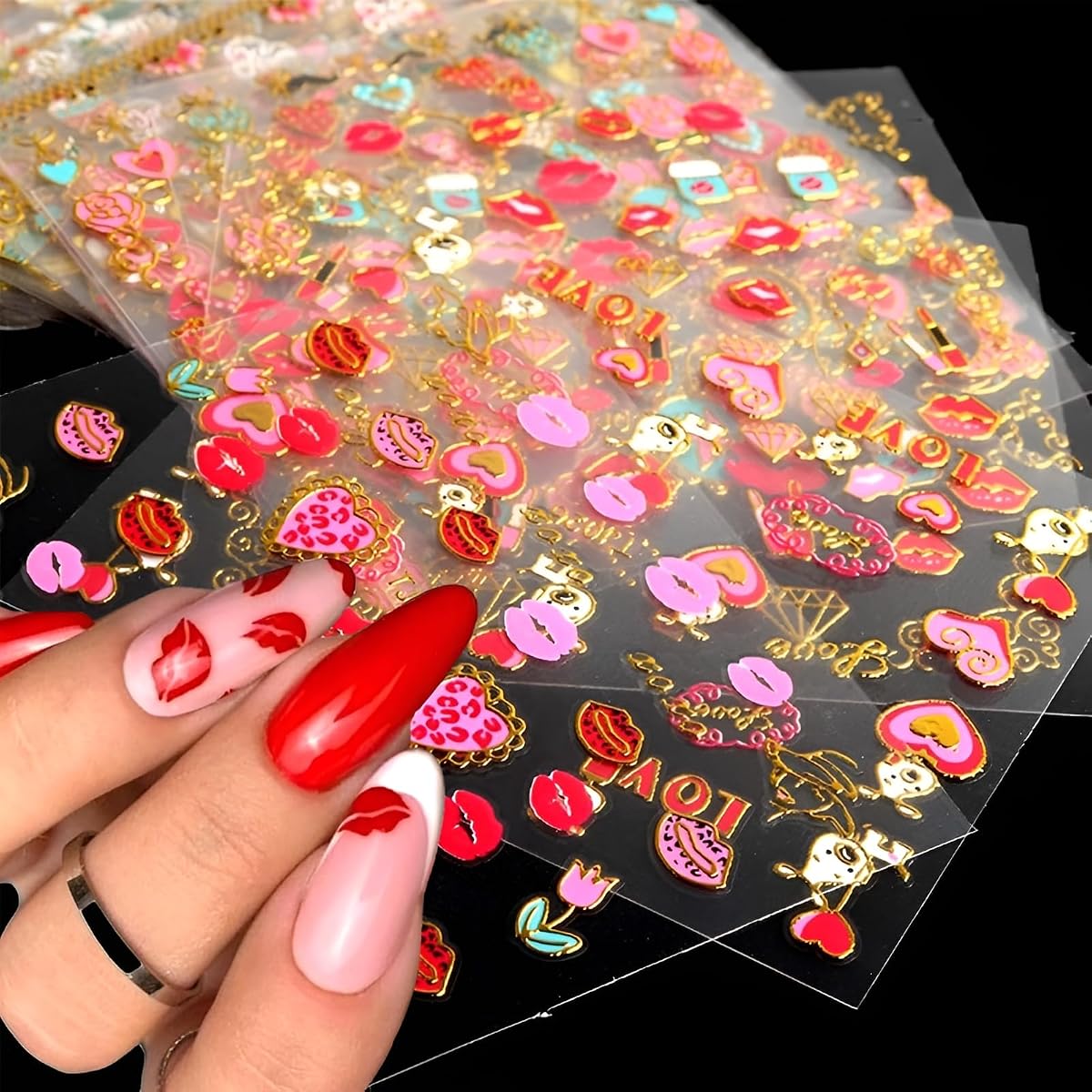 30 hojas de pegatinas para decoración de uñas del día de San Valentín, pegatinas de uñas de corazón rojo, autoadhesivas 3D, suministros de uñas de beso de labios de rosa, accesorios de decoración de uñas acrílicas DIY para mujeres y niñas