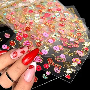30 Sheets Valentine's Day Nail Art Stickers Red Heart Nail Decals 3D Self-Adhesive Rose Lip Kiss ...