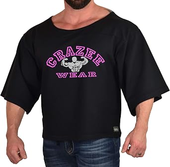 Crazee Wear Mens Black Oversize Rag Top, Gym Bodybuilding and Lifting T-Shirt 3/4 Sleeve Neon Pink Design