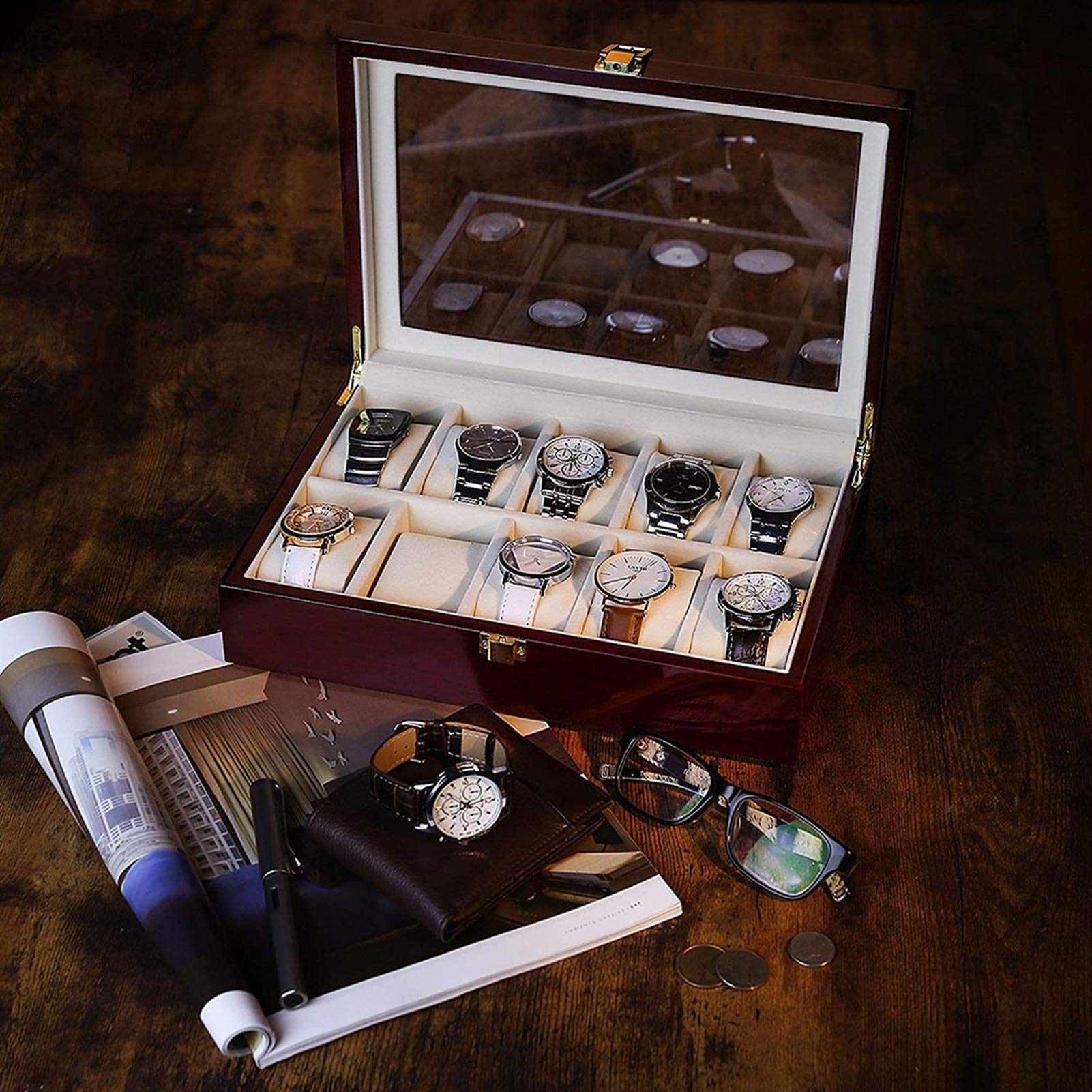 Uhrenbox Luxuriöse Uhrenbox aus Holz, Uhrenhalter für Uhren, Herren, Glasabdeckung, Schmuck-Organizer, Multi-Slot-Uhren-Organizer, roter Uhren-Organizer für Aufbewahrung und Präsentation (Farbe: 10