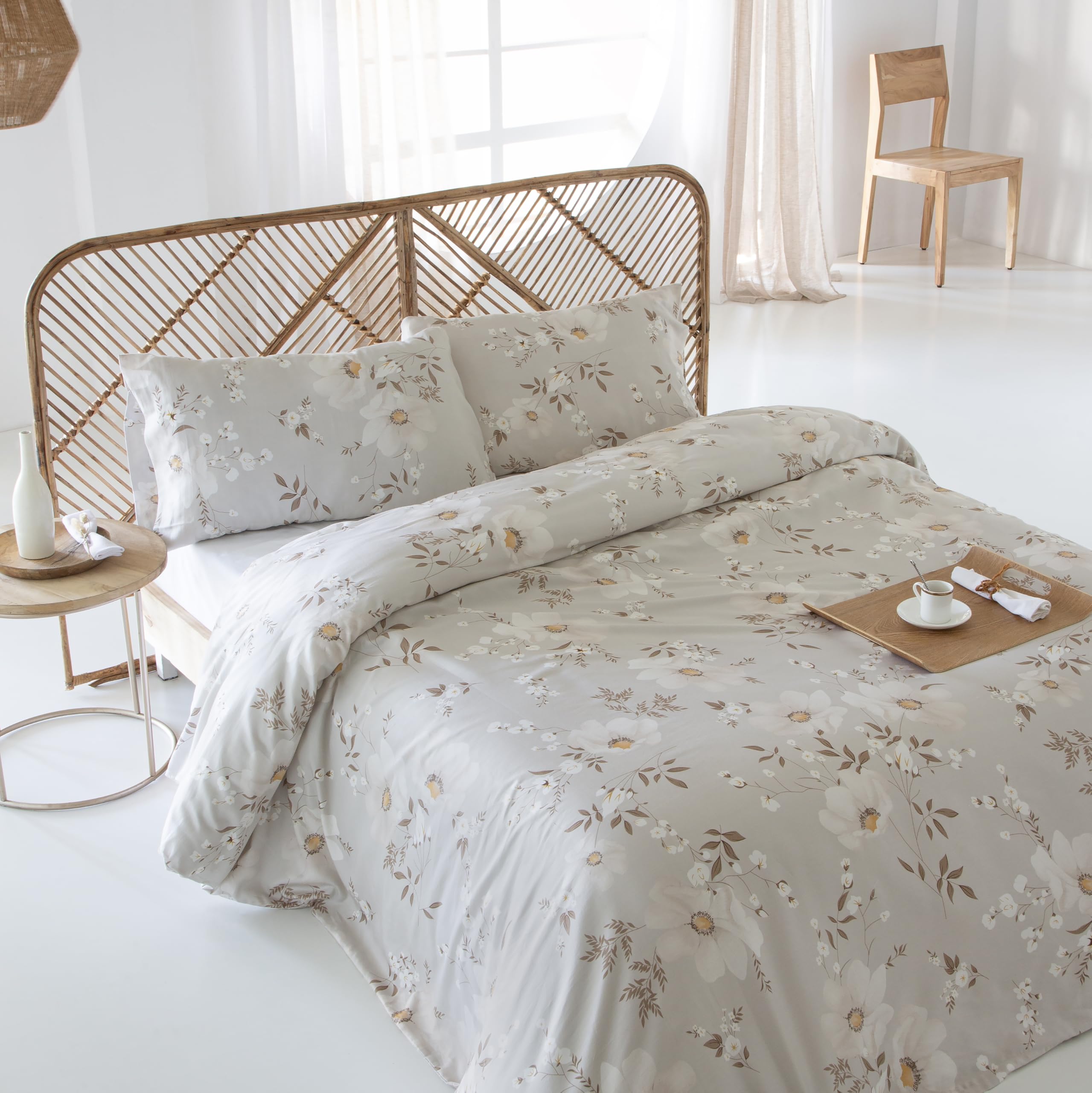 COTTON ARTean Funda Nórdica Cama 90 Satén Algodón 200 Hilos YERA Beige | Incluye 2 piezas: F.Edredón 150x220 +1 F.de Almohada Cierre Botones. Certificado OEKO-TEX