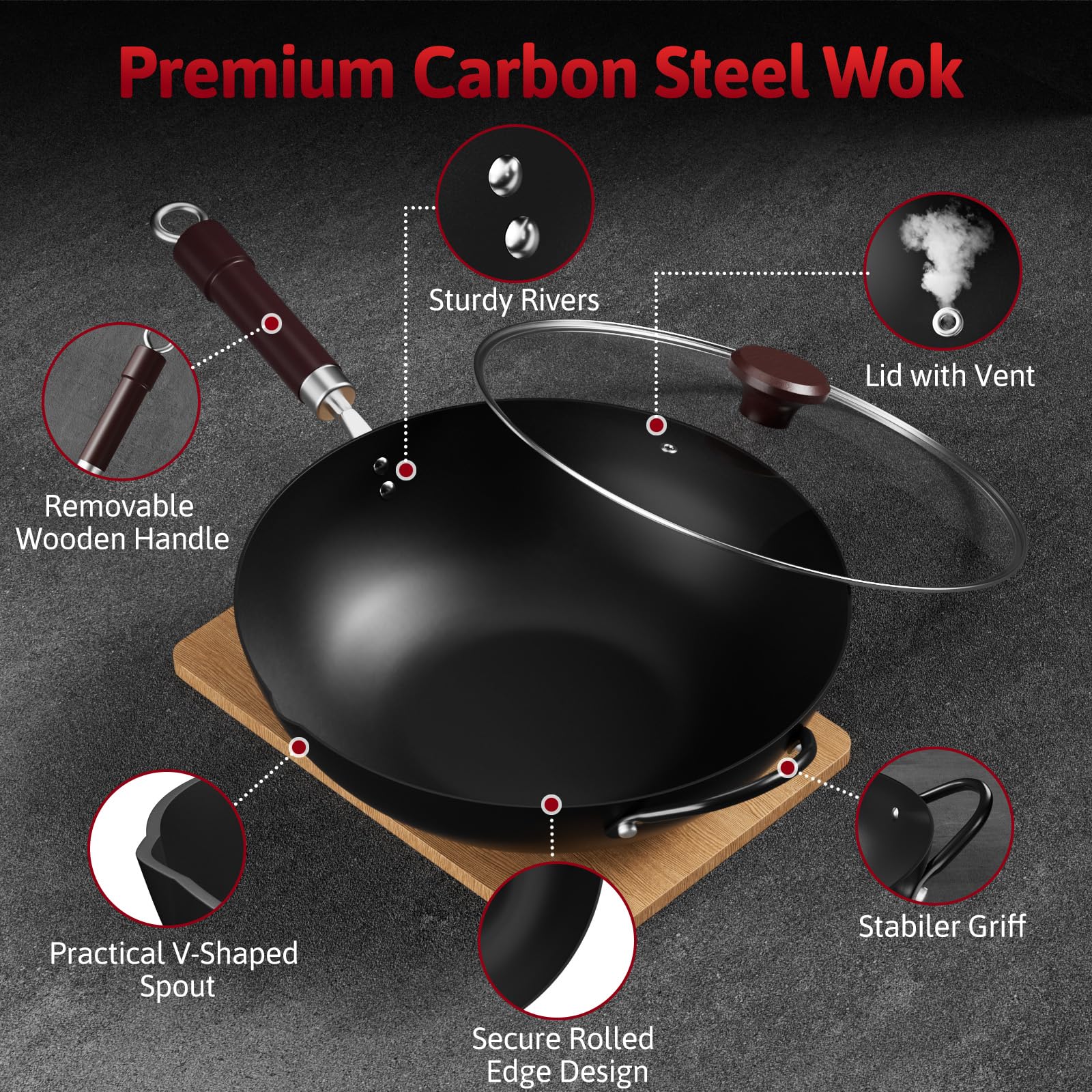 Jobin 32 cm/12,6'' Wok en Acier au Carbone Avec Couvercle, Poignées en Bois et Acier, Permet de Cuisiner des Plats Asiatiques Pour 3 à 5 Personnes - Fond Plat