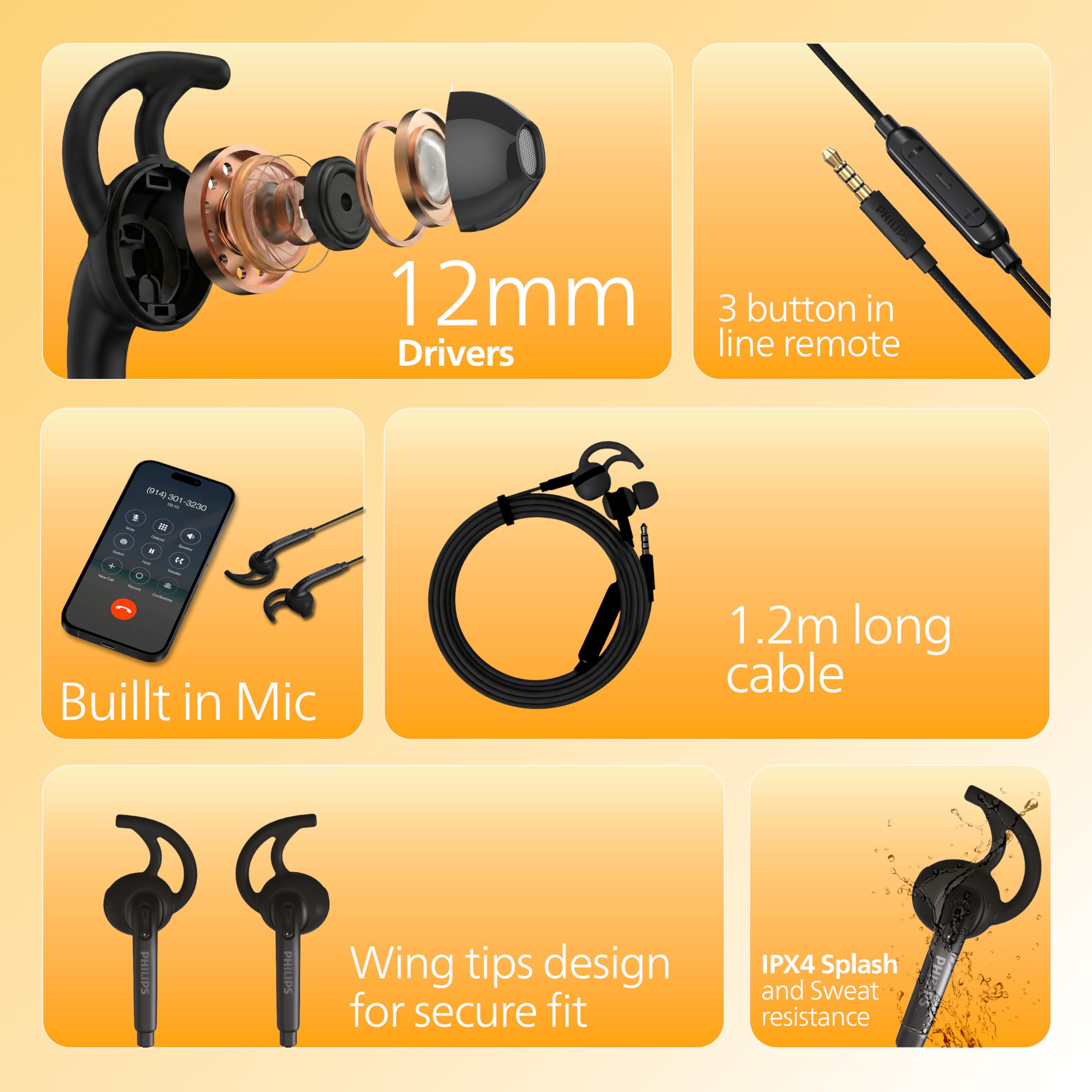 PHILIPS TAA1009BK/94 in-Ear Sports Wired Earphones with Mic, 12mm Neodymium Drivers, Secure Fit Wing Tips, IPX4 Splash/Sweat Resistant, 3-Button Remote, 1.2 m Cable with 3.5 mm Stereo Plug (Black) — Amazon image 6