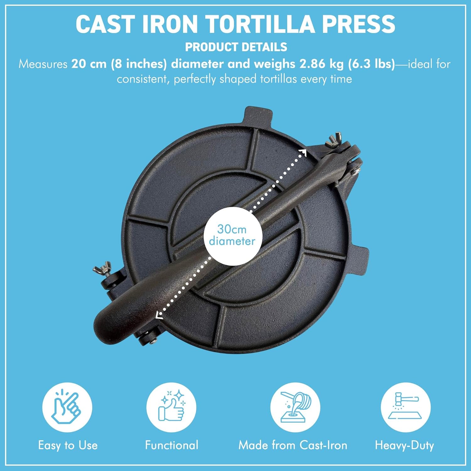 Premium 8" 𝗖𝗔𝗦𝗧 𝗜𝗥𝗢𝗡 𝗧𝗢𝗥𝗧𝗜𝗟𝗟𝗔 𝗣𝗥𝗘𝗦𝗦 – Heavy Duty Roti Maker, Taco & Quesadilla Press, Manual Dough Press, Non-Stick, Durable Kitchen Tool