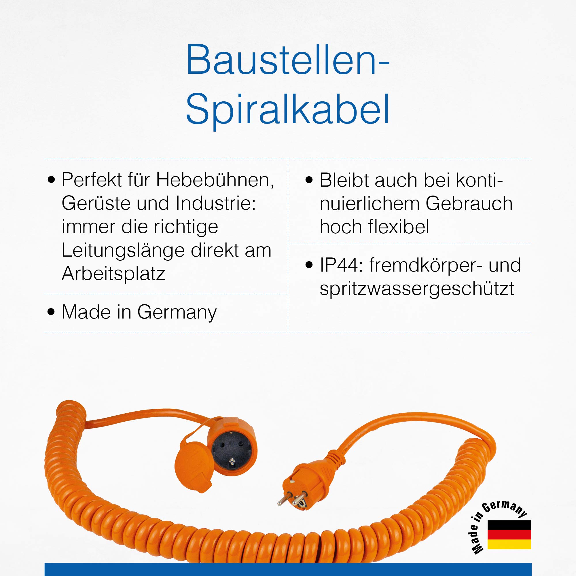 as - Schwabe – Schwabe Baustellen-Spiralleitung – Robuste Schutzkontakt-Spiralleitung, dehnbar von 1 m bis 5 m – Mit Schutzkontakt-Stecker & -Kupplung – 230 V / 16 A Verlängerungskabel – IP44 – Orange I 70413, H07BQ-F 3G1,5