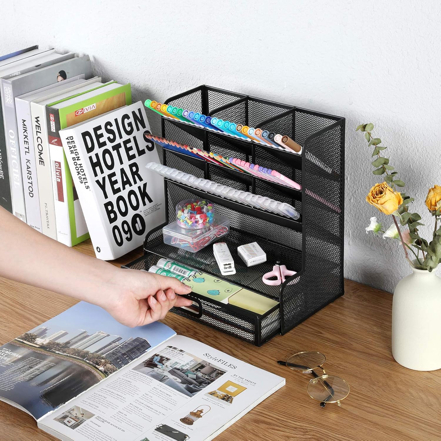 Mesh Desk Organizer, Pen Holder Desktop Organizer Storage with Drawer Marker Pencil Storage for Office School Home Art Supplies : Office Products