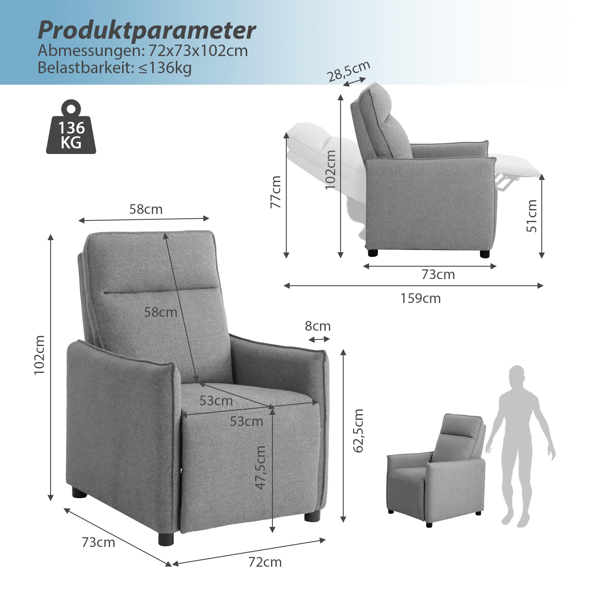 Relaxsessel mit Verstellbarer Rückenlehne, Ruhesessel mit Liegefunktion Stilvoll Fernsehsessel, Lounge Sessel Stuhl Wohnzimmer Ergonomisch Armlehnstuhl Einzelsofa Grau, Relaxsofa Liegesofa
