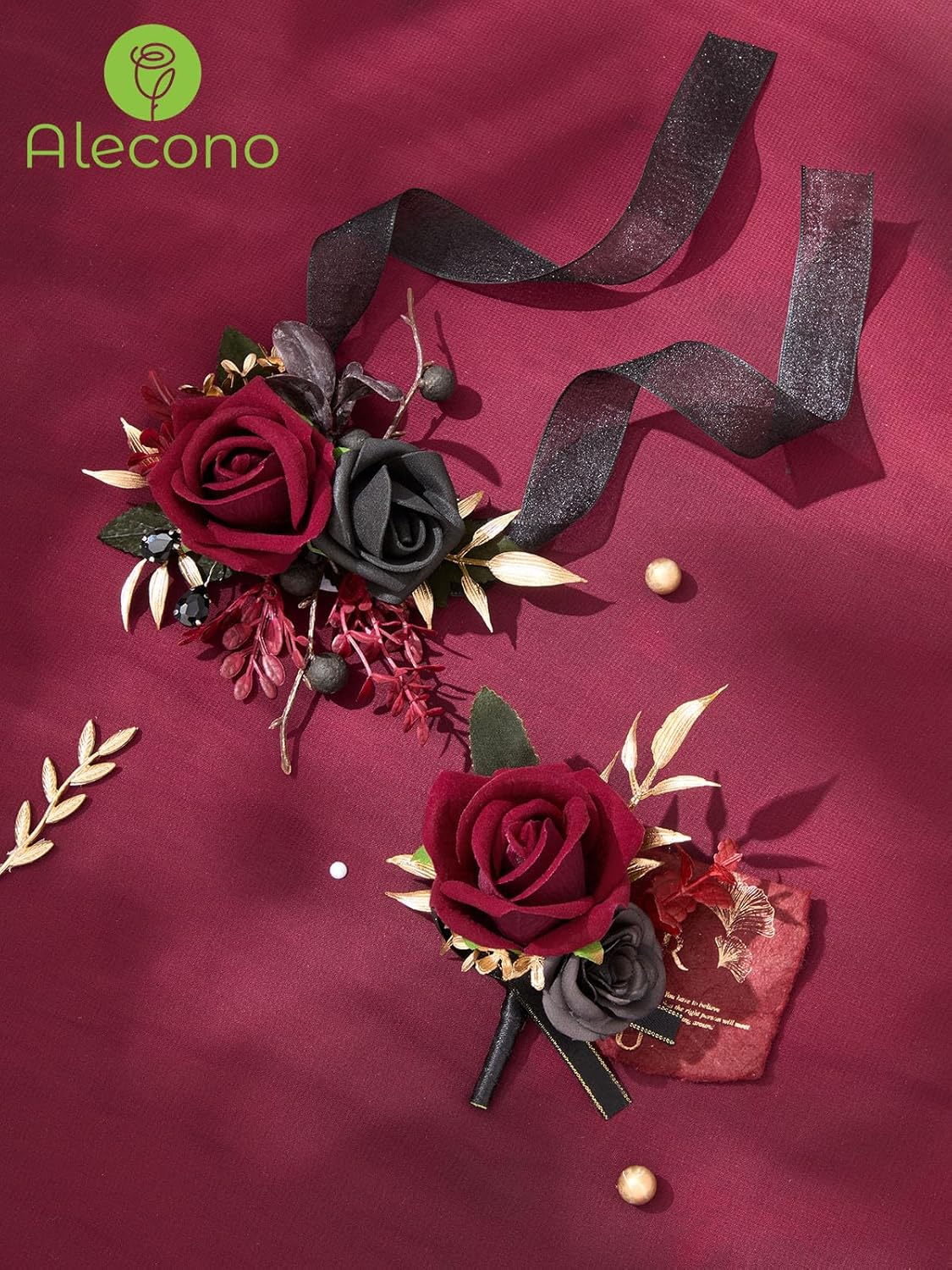 Alecono Burgundy Corsage and Boutonniere Set, Red and Black Rose Corsage Wristlet and Boutonniere for Wedding Prom Flower Accessories Suit Decorations