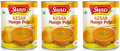 SWAD Kesar Pure Mango Pulp/Aamras Tin with No Added Preservative Sweetened - 850 Grams Pack of 3