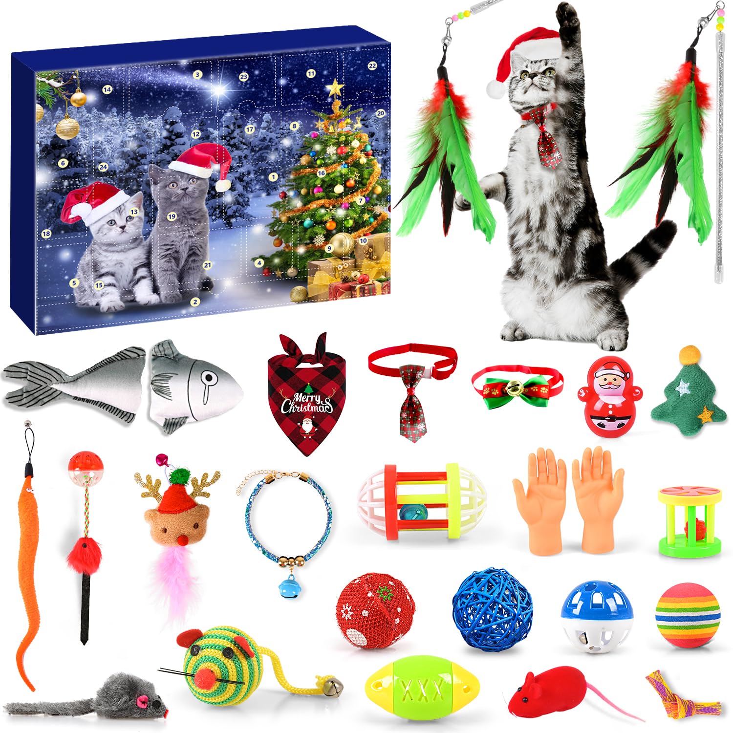 iZoeL Calendario Avvento 2024 Giocattolo Gatti, 24 Natale Gatto Collana Palla Giocattolo Topo Finto Pesce Campana - Regali Natale dell'Avvento per Gatto, Giocattoli Interattivi con Gatti per Interno