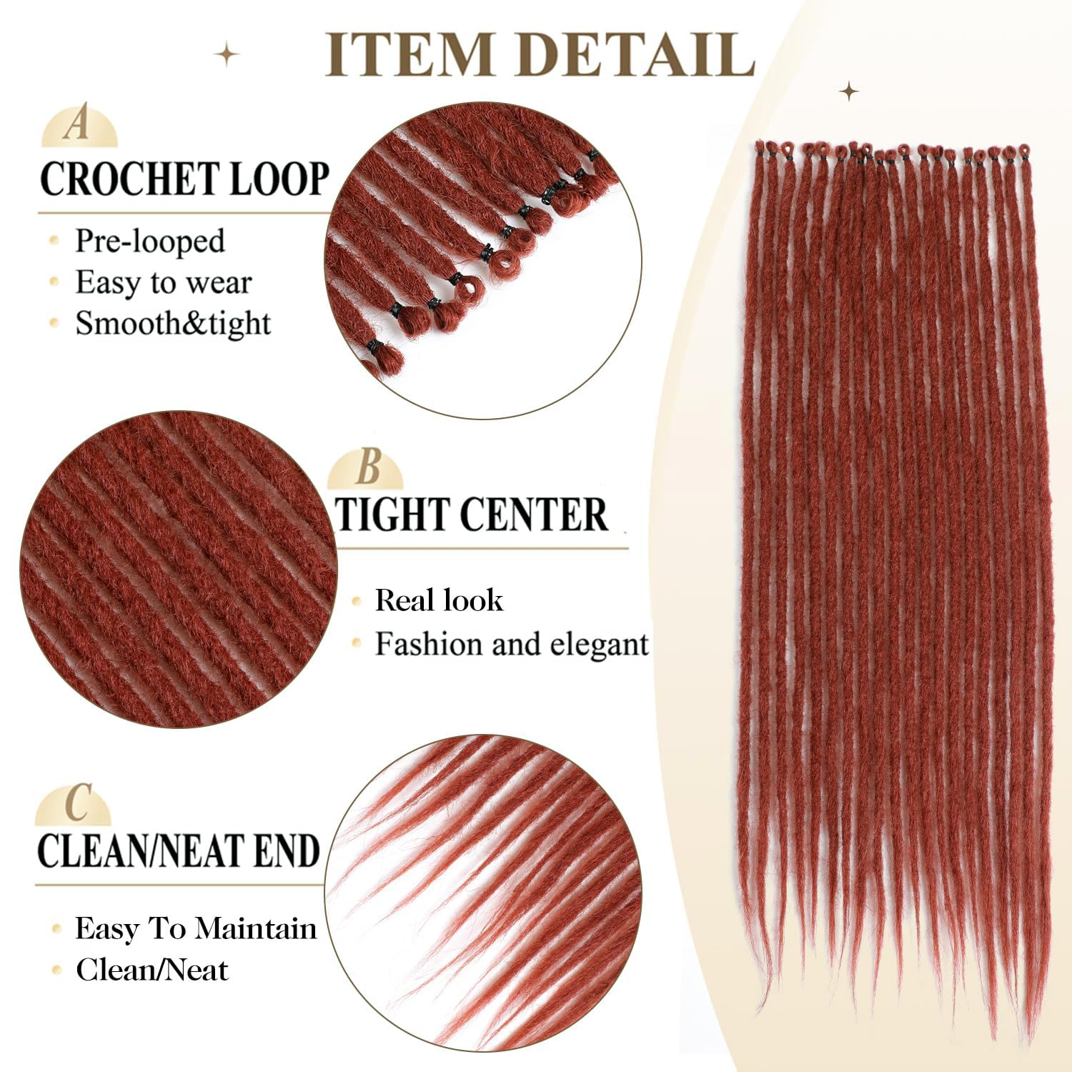 PORSMEER 20 Strands/Pack Copper Red Synthetic Dreadlocks Extensions,Handmade Hippie Dreadlock 0.6 Width Soft Dreads Hair Reggae Style Locs Crochet Braiding Hair for Women or Mens,18 inch - Image 3