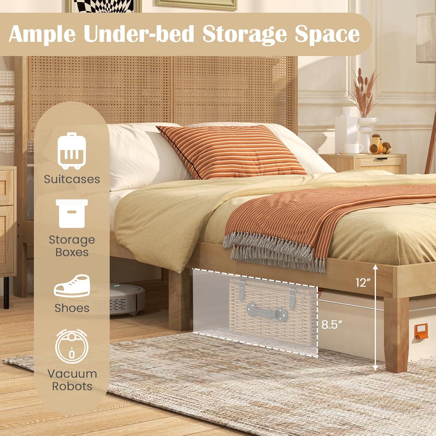 Giantex Queen Size Rattan Bed Frame with Rattan Headboard, Boho Solid Wood Platform Bed with Wooden Slats, 12 Inch Bed Frame Queen with Storage Underneath, No Box Spring Needed, Natural