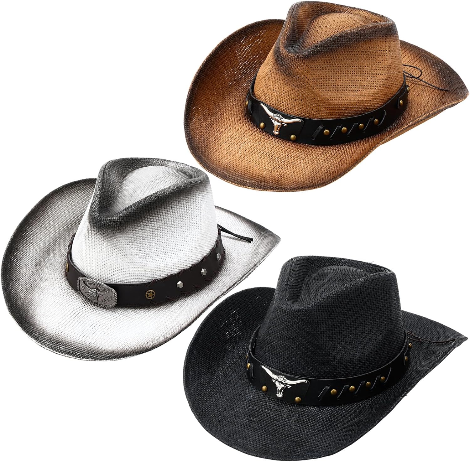 3 Pcs Western Cowboy Cowgirl Hat with Wide Brim Adjustable Straw Hats for Women Men Adult Costume Party, 3 Colors