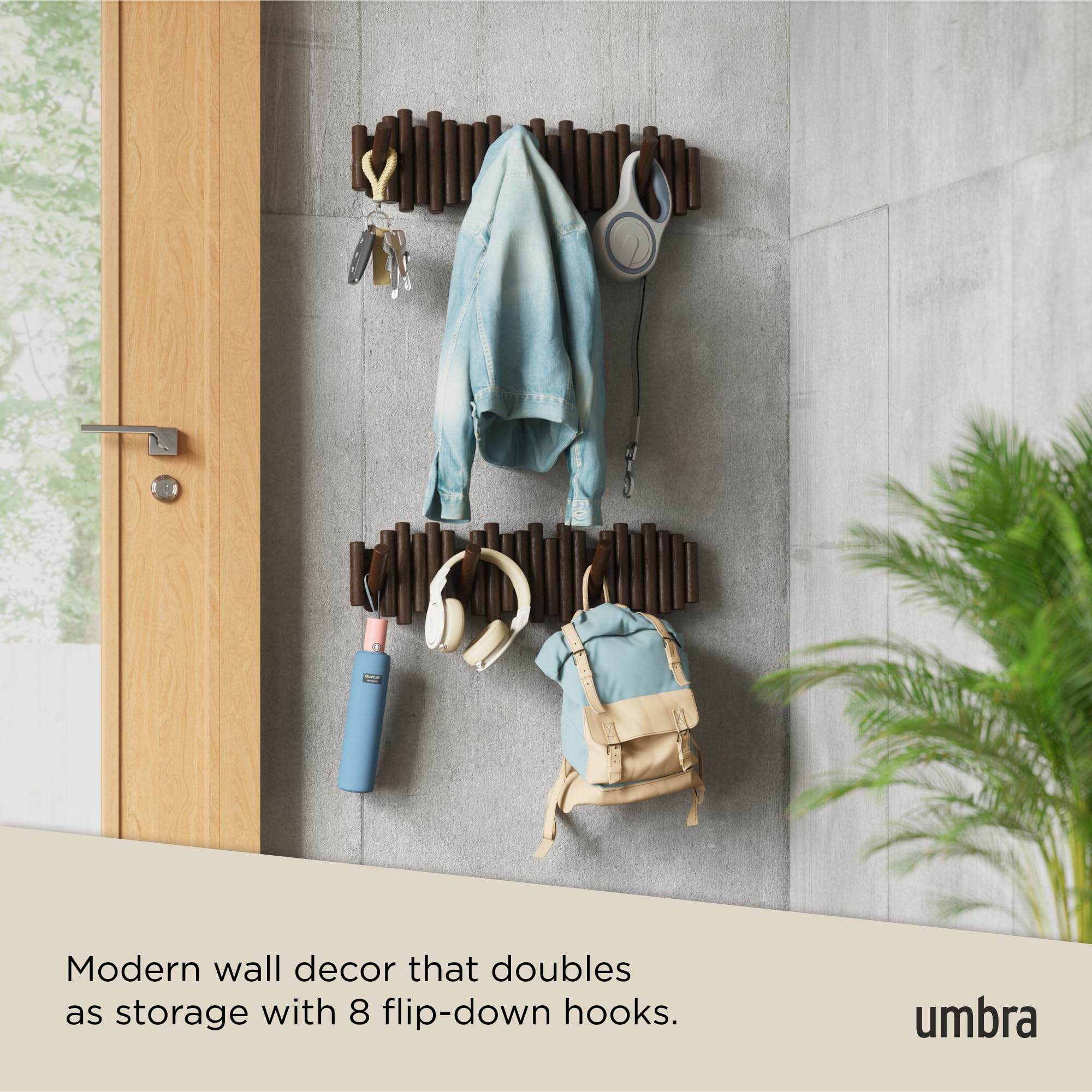 Umbra Picket Garderobenhaken mit 8 Haken - Garderobenleiste und Moderne Wand Dekoration mit 8 Klapphaken aus geschliffenem Kiefernholz – Bild 4