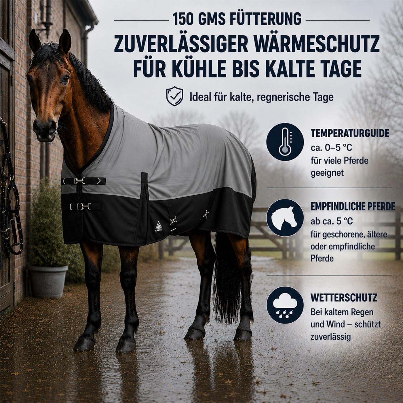 Brama-West Winterdecke Arctic Pferdedecke Turnout 1200D High Neck 150 GMS - Grau/Schwarz - Gr. 145