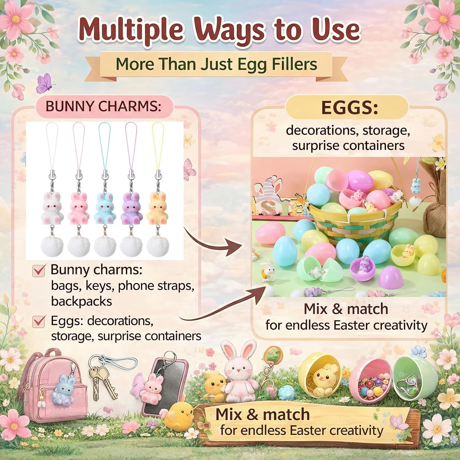 25 Sets Prefilled Easter Eggs with Resin Bunny Keychains Bulk Pastel Easter Basket Stuffers Macaron Bunny Goodie Bags Fillers for Spring Sunday School Party Favors