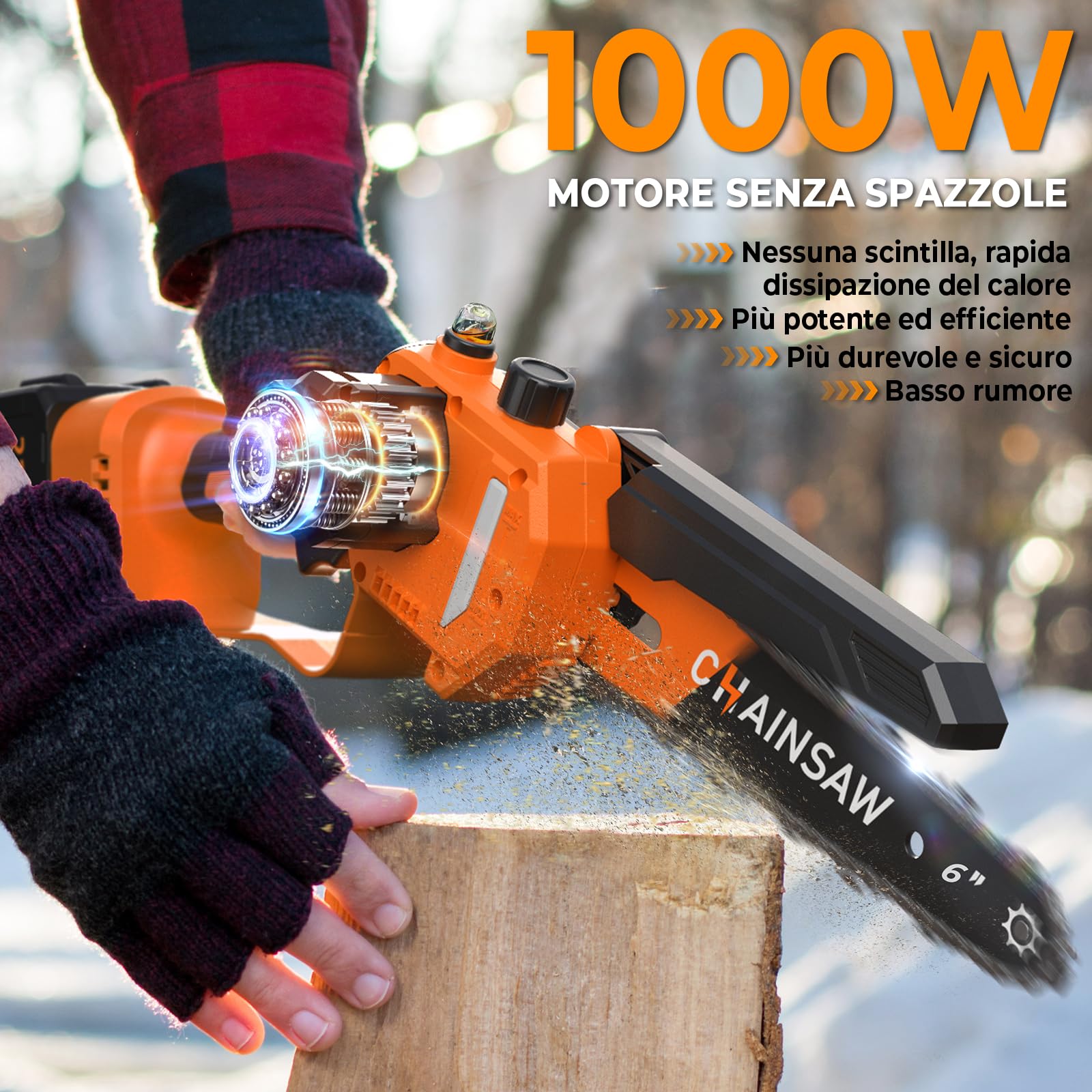 Mini Motosega a Batteria 6 Pollici, Mini Motosega Elettrica con 8000mAh Batterie, 1000W Blushless Sega a Batteria per Potatura, il Taglio Del Legno e Giardini, Elettrosega Compatibile con Makita 18V