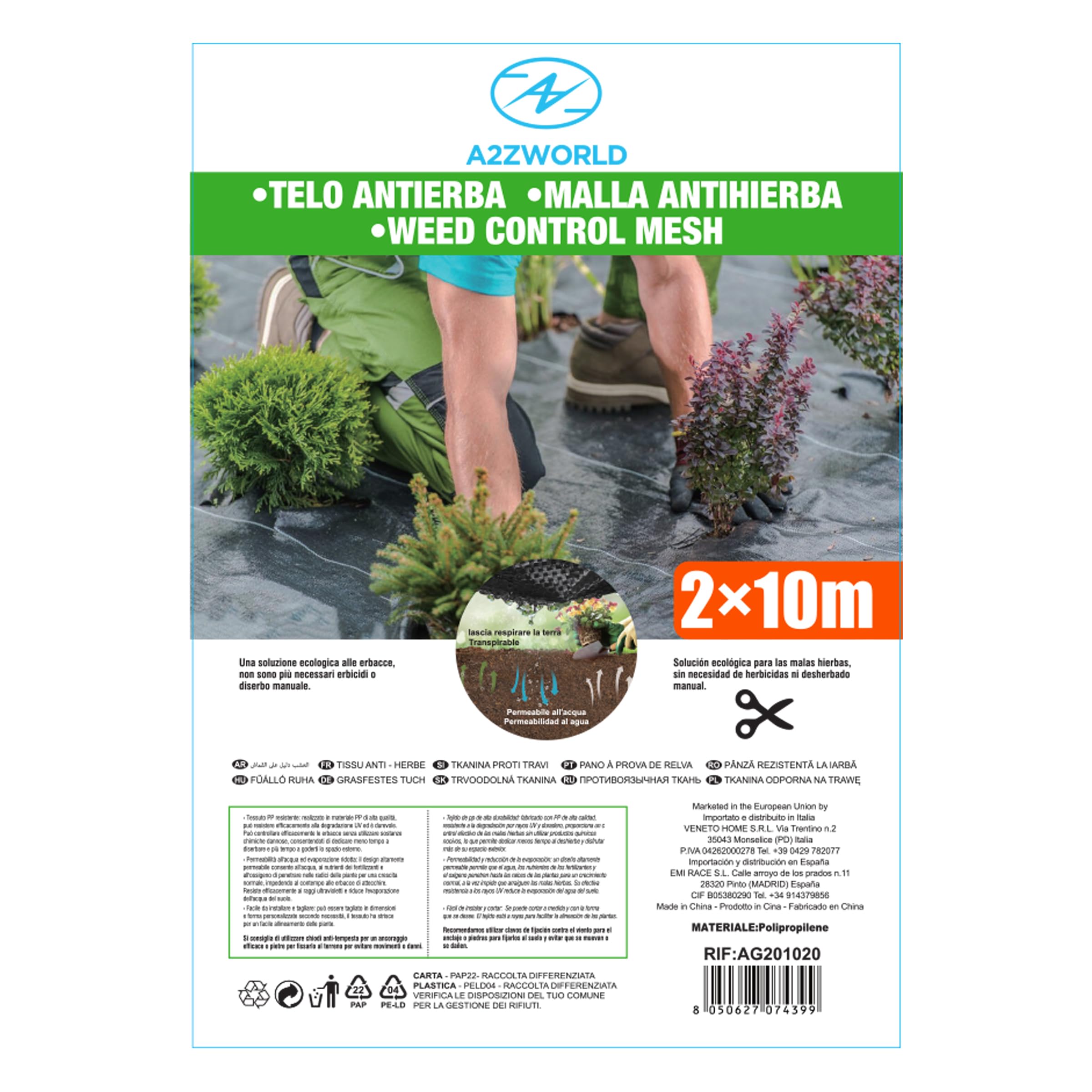 A2ZWORLD Lona antihierba 5 x 2 m x 10 m, 100 m², transpirable, permeable, de polipropileno, resistente a los rayos UV, fácil de cortar e instalar, ecológica contra las malas hierbas